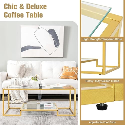 Miniatura 6 de COSTWAY Mesa auxiliar de cristal de 45 pulgadas, mesa decorativa rectangular de 2 niveles con estante de almacenamiento y marco de metal dorado,