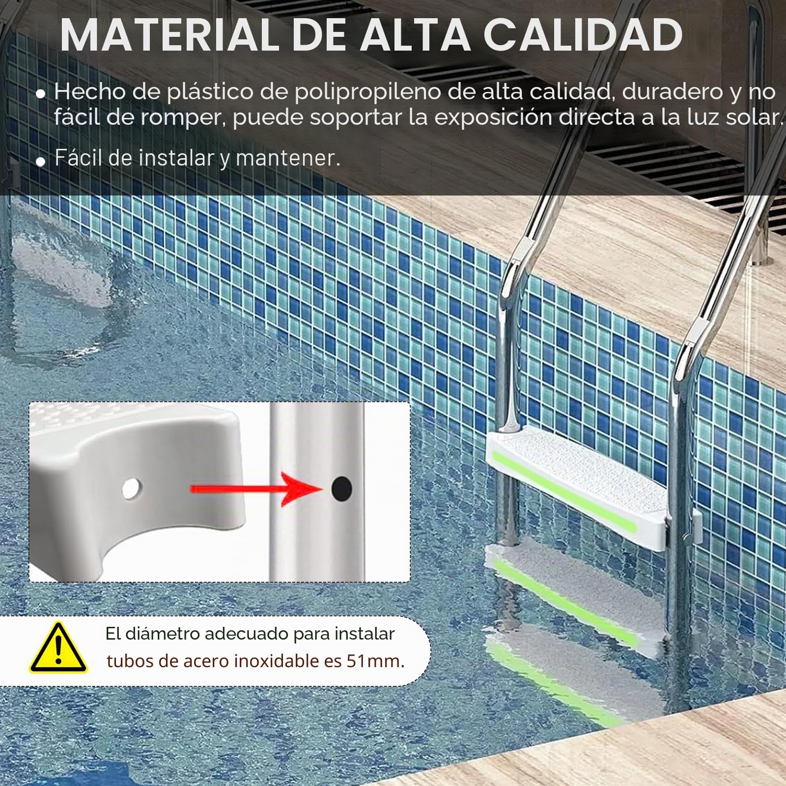 Escalera de piscina, repuesto para escalera de piscina con tiras reflectantes, nivel de repuesto para peldaños rectos para piscina, nivel de repuesto para escalones de piscina, antideslizante para