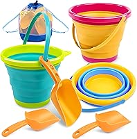 Vista 10 de JOYIN Paquete de 3 cubos plegables con palas y bolsa de malla, cubos plegables multiusos para playa, equipo de campamento, fiesta en la playa, pesca