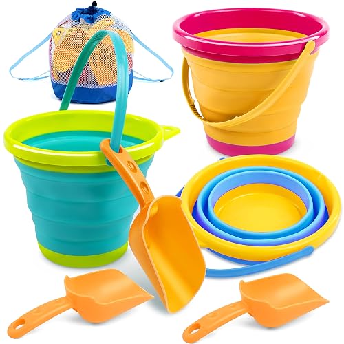 JOYIN Paquete de 3 Cubos Plegables con Palas (Bolsa de Malla Adicional), Cubos Plegables Multiusos para Playa