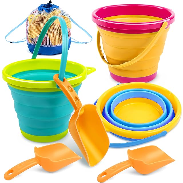 JOYIN Paquete de 3 Cubos Plegables con Palas (Bolsa de Malla Adicional), Cubos Plegables Multiusos para Playa