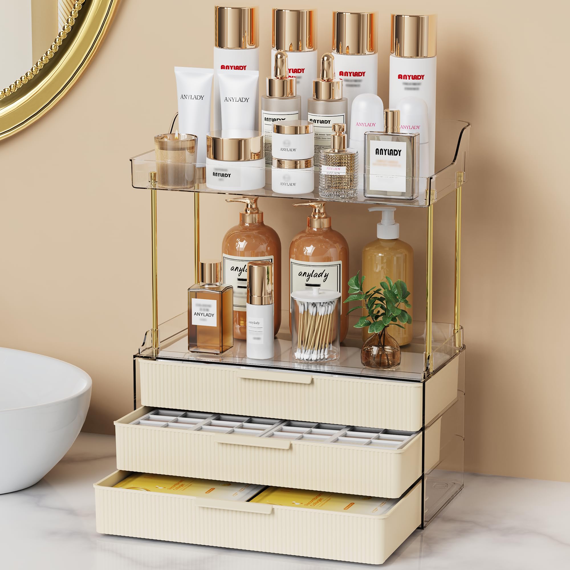 Anylady Bathroom Organizers and Storage, Makeup Organizer (Sturdy Durable Attractive), Ideal for Vanity, Countertop, Counter, Perfume, Skincare, Cabinet, Cosmetic, Dresser Organizer (Cream)