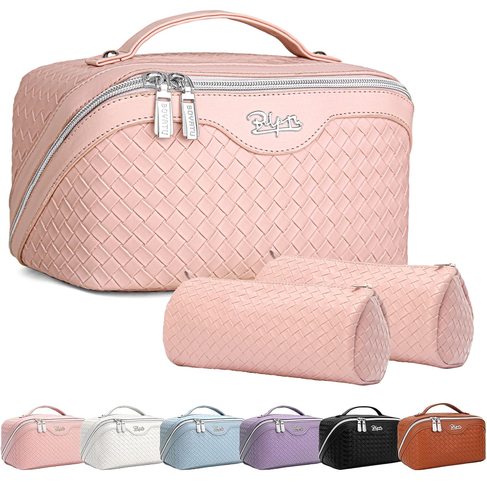 BOYATU Travel Makeup Bags for Women: Large Cosmetic Bag Waterproof - Vegan Leather Make up Bag Set of 3 - Compact Toiletry Organizer with Compartments & Handle & Divider (L01 Light Pink)