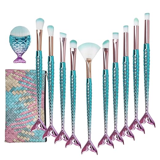 Pinceles de Maquillaje de Sirena, NIZIYI 11 Piezas Maquillaje Cepillo Kit Brochas de Maquillaje Profesional para Sombra de Ojos, Corrector, Delineador de Ojos, Juego Eyebrow, Facial