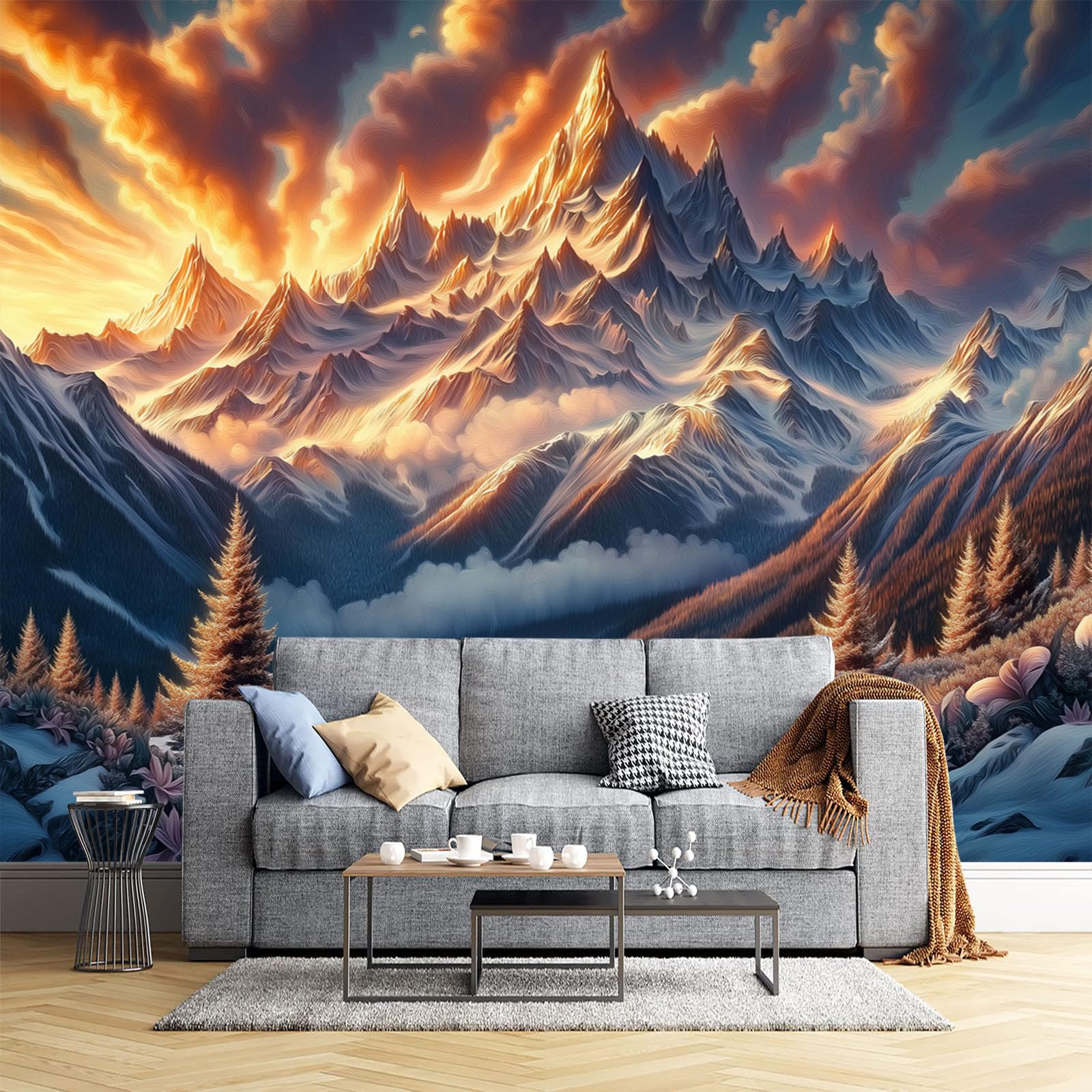 Papier peint panoramique coucher de soleil en soie pour masquer les défauts d'un mur