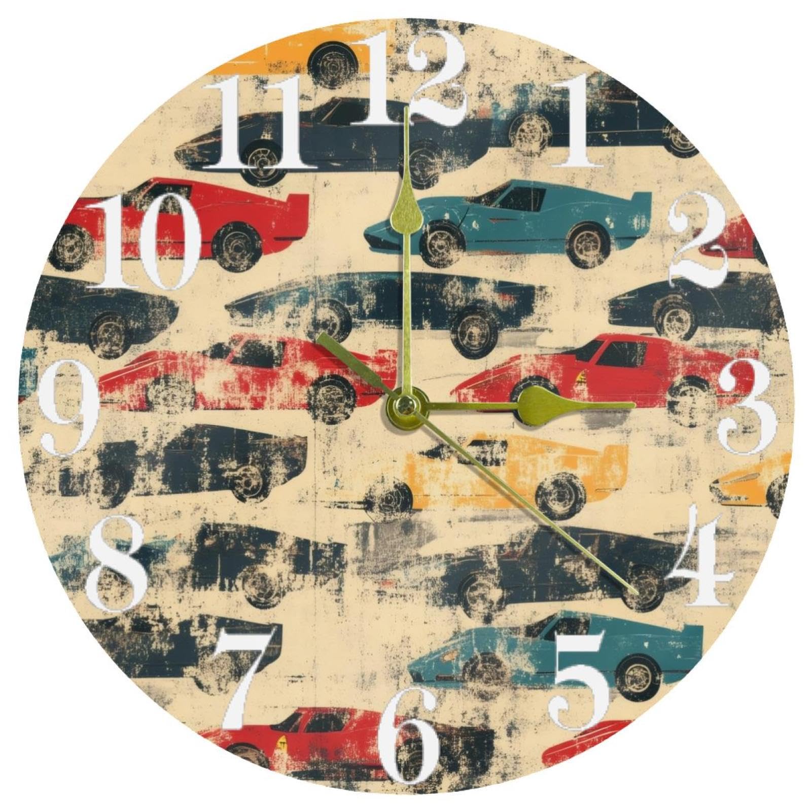 Horloge murale colorée voitures de course grunge ronde et silencieuse pour bureau et maison