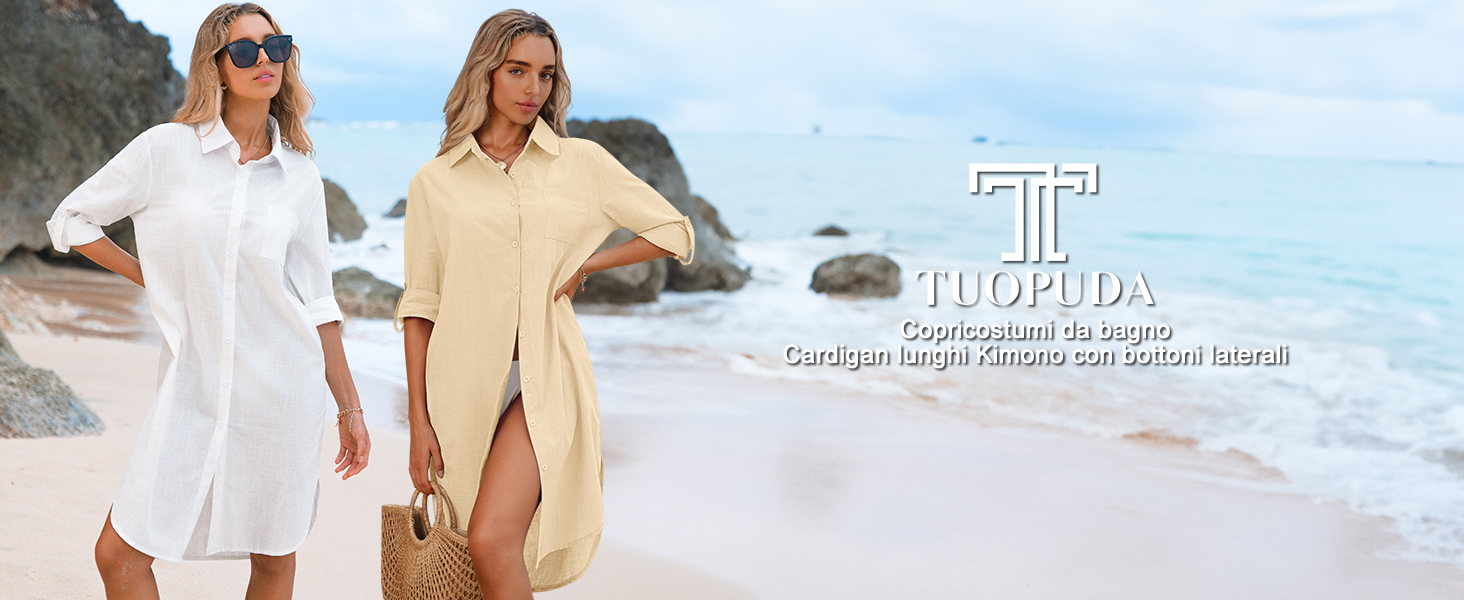 Copricostume Donna Lungo In Cotone - Camicetta Spiaggia Manica Lunga Con Bottoni
