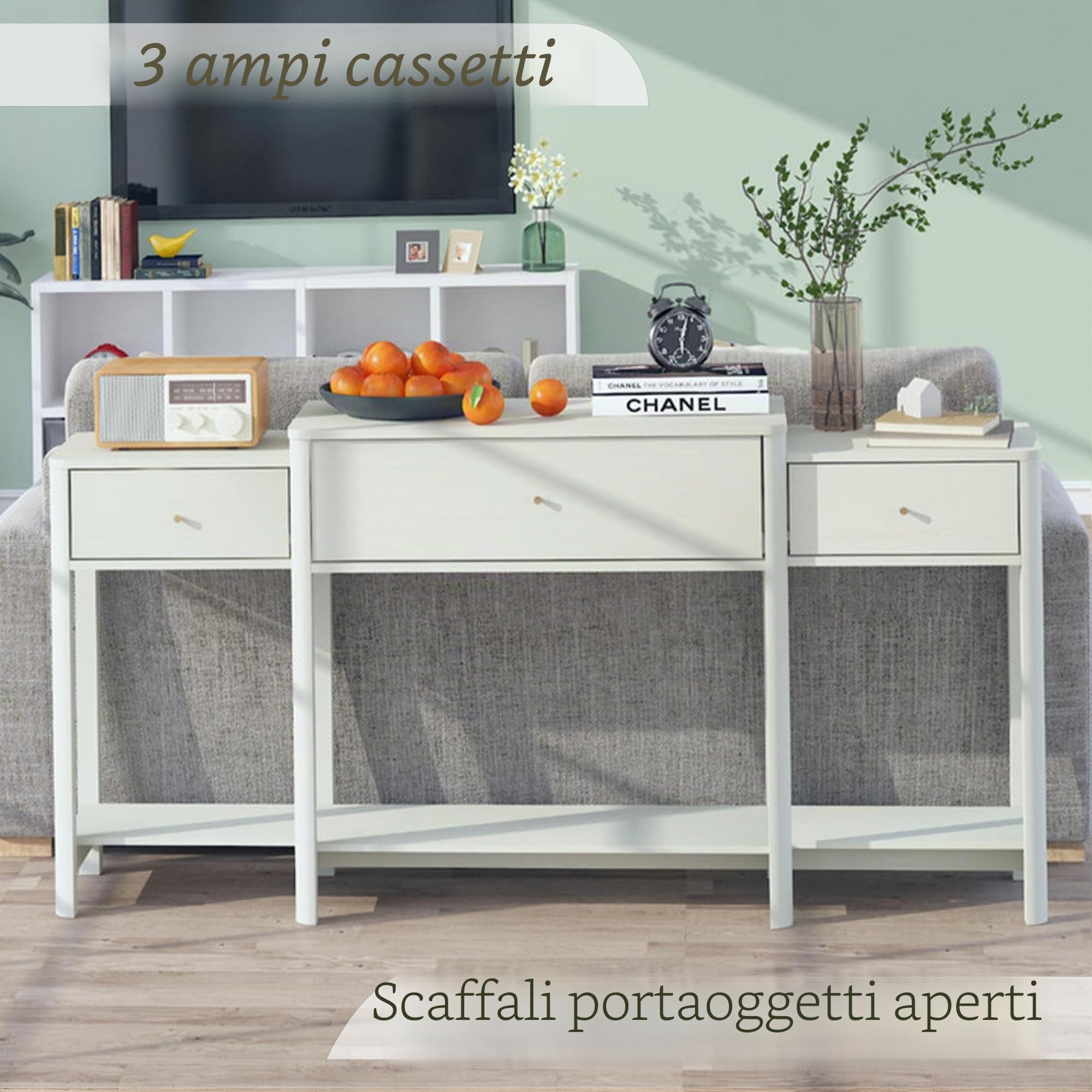 Tavolo d'ingresso con 3 cassetti in legno – moderno tavolino consolle per l'ingresso, organizer di archiviazione per il corridoio, moderno tavolino con accento con ripiano inferiore (Bianco