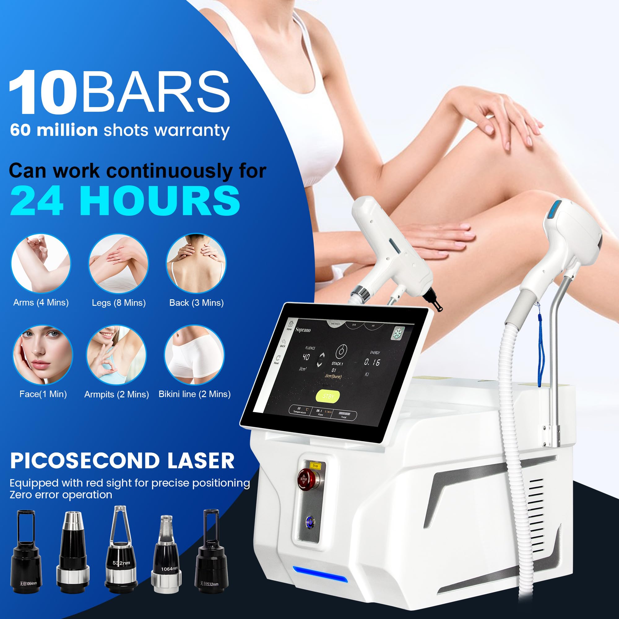 10Bars 2 in 1 Epilatore Laser 808nm a Diodo, Picosecondo Rimozione tatuaggi | 755nm/808nm/940nm/1064nm Rimuovere i peli superflui da tutto il corpo Rimozione di nei e cicatrici da acne