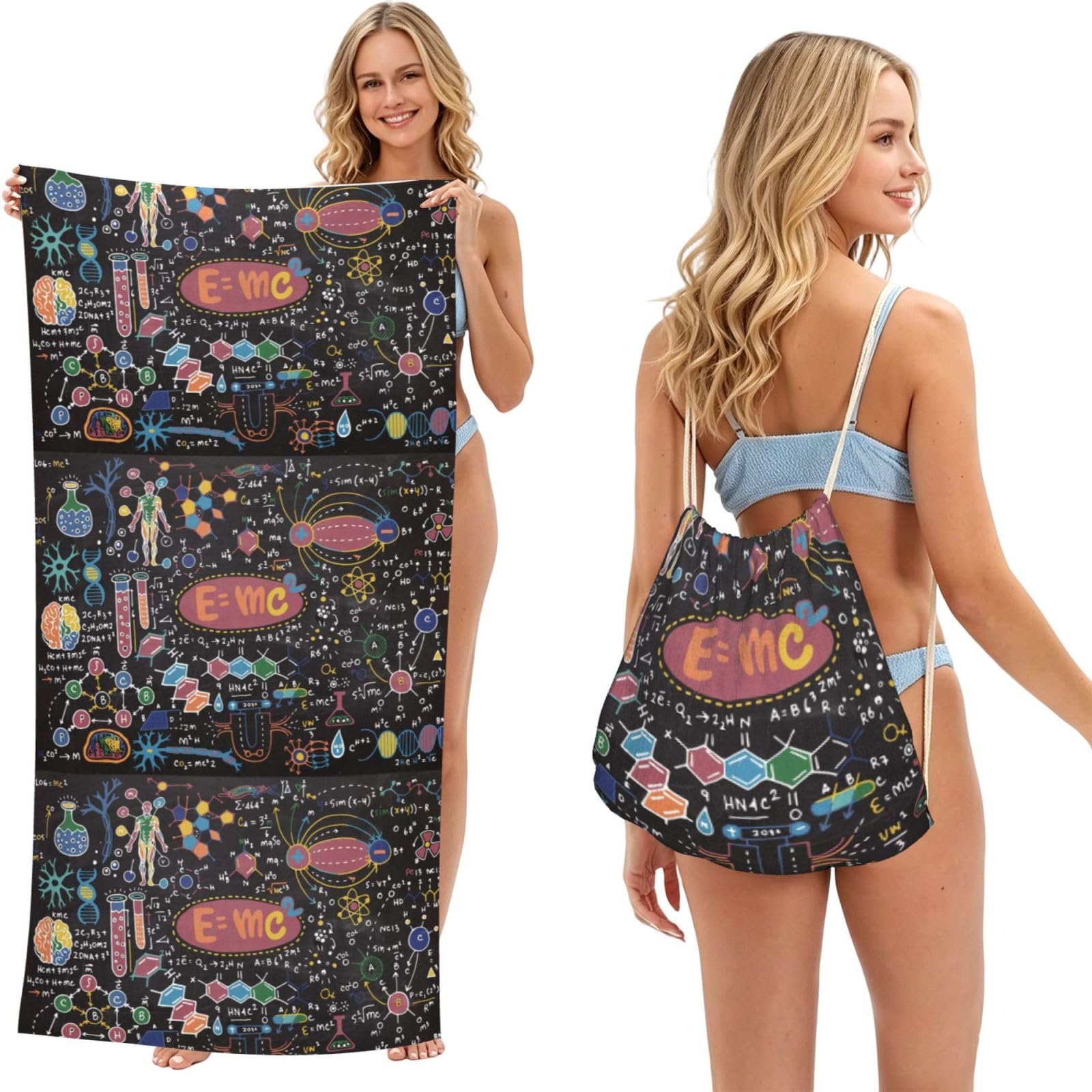 Poadnly As Picture Colorful Scientific Formulas Calculations Board, 2 In 1 Packable Towel Bag, Beach Towels With Drawstring Backpack For Travel Holiday Camping