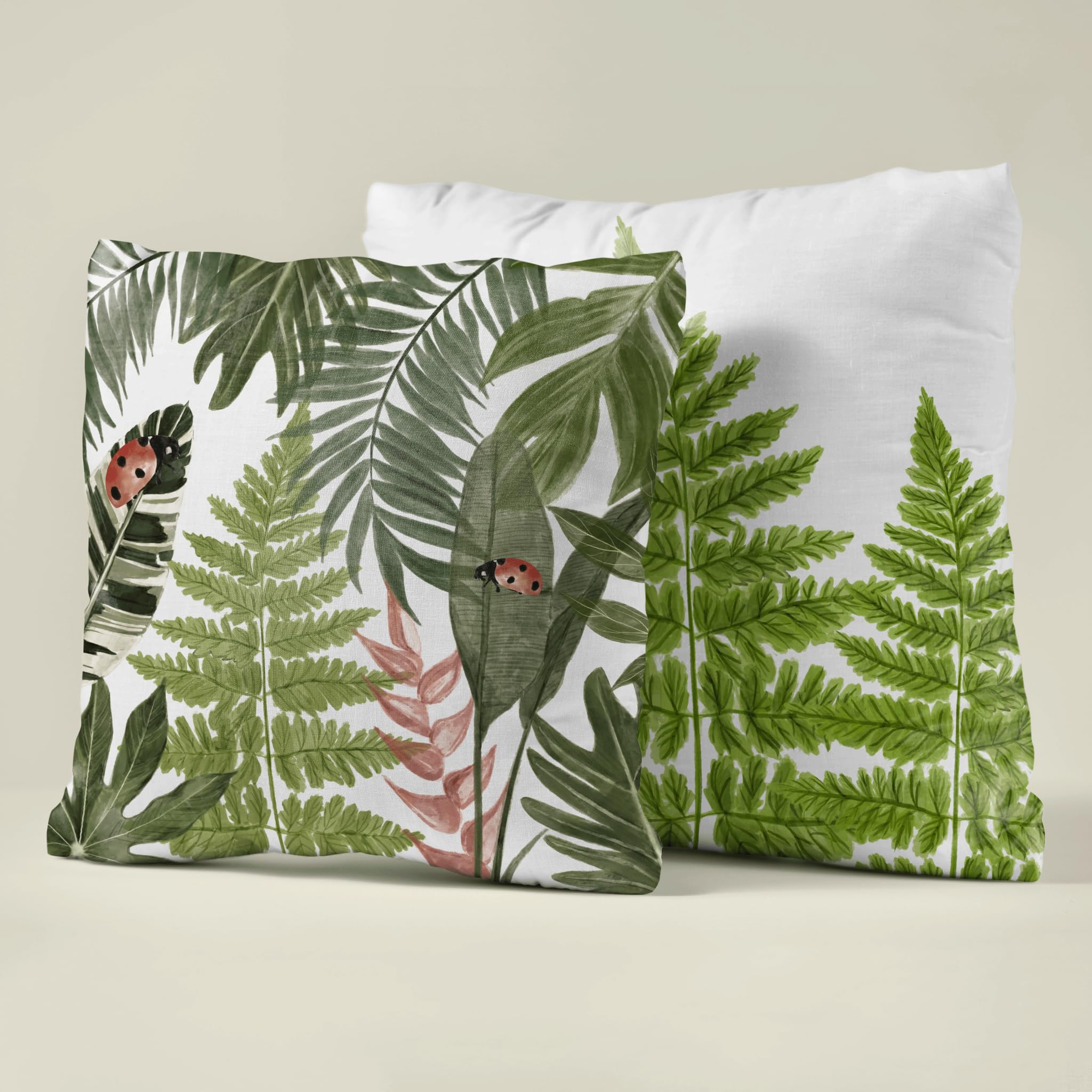 LUSHLYF Set of 2 Botanical & Floral Cotton Canvas Pillow Covers, 16x16 inch (40x40 cm) - Our Lady Beetle & Ferns in Bloom Designs - Decorative Sofa and Bed Cushions Cover for Home Decor