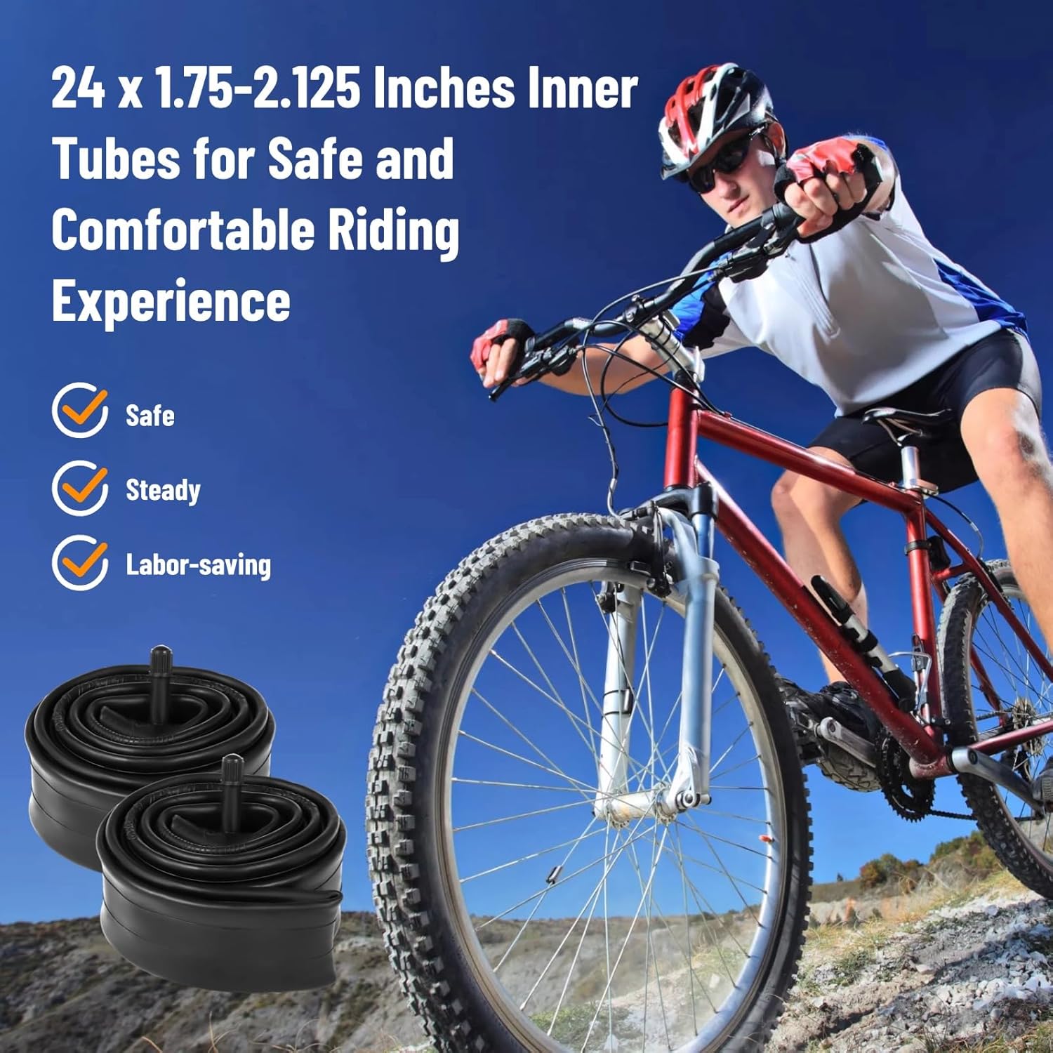 yeesport 6 Pack 20/24/26x1.75/1.95/2.0/2.1/2.125" Bike Tube Bike Inner Tube with 2 Tires Levers and 2 Protection Straps with 32mm Schrader Valve for MTB Mountain Bike