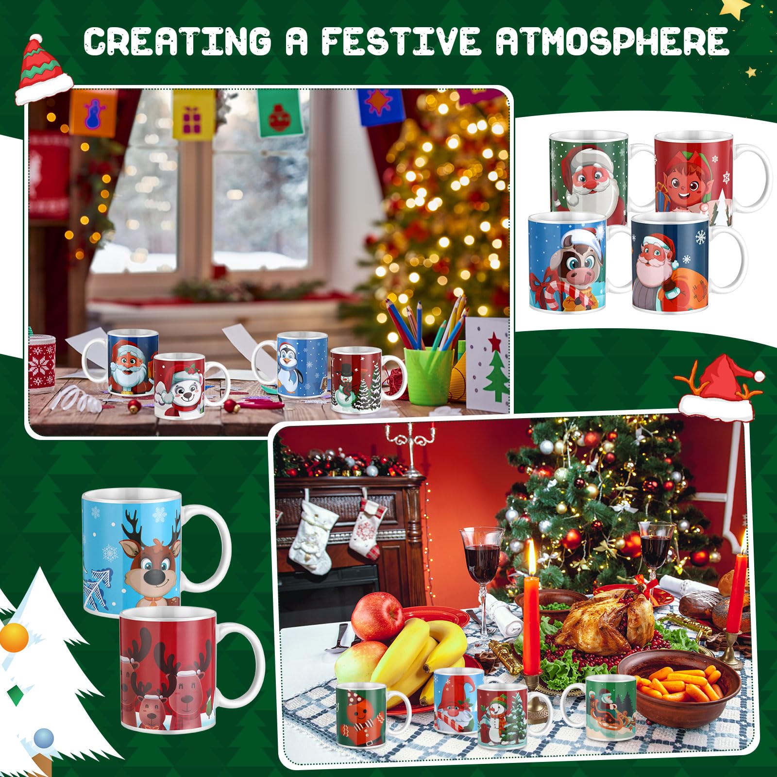 Tioncy 16 Weihnachtstassen, 325 ml, Weihnachts-Kaffeetassen, Keramik, Tee- und Kaffeetassen mit Weihnachtsmotiv, Weihnachtsmann, Weihnachtsbaum, Schneemann, als Geschenk, Urlaub, Küche, Dekoration, 16