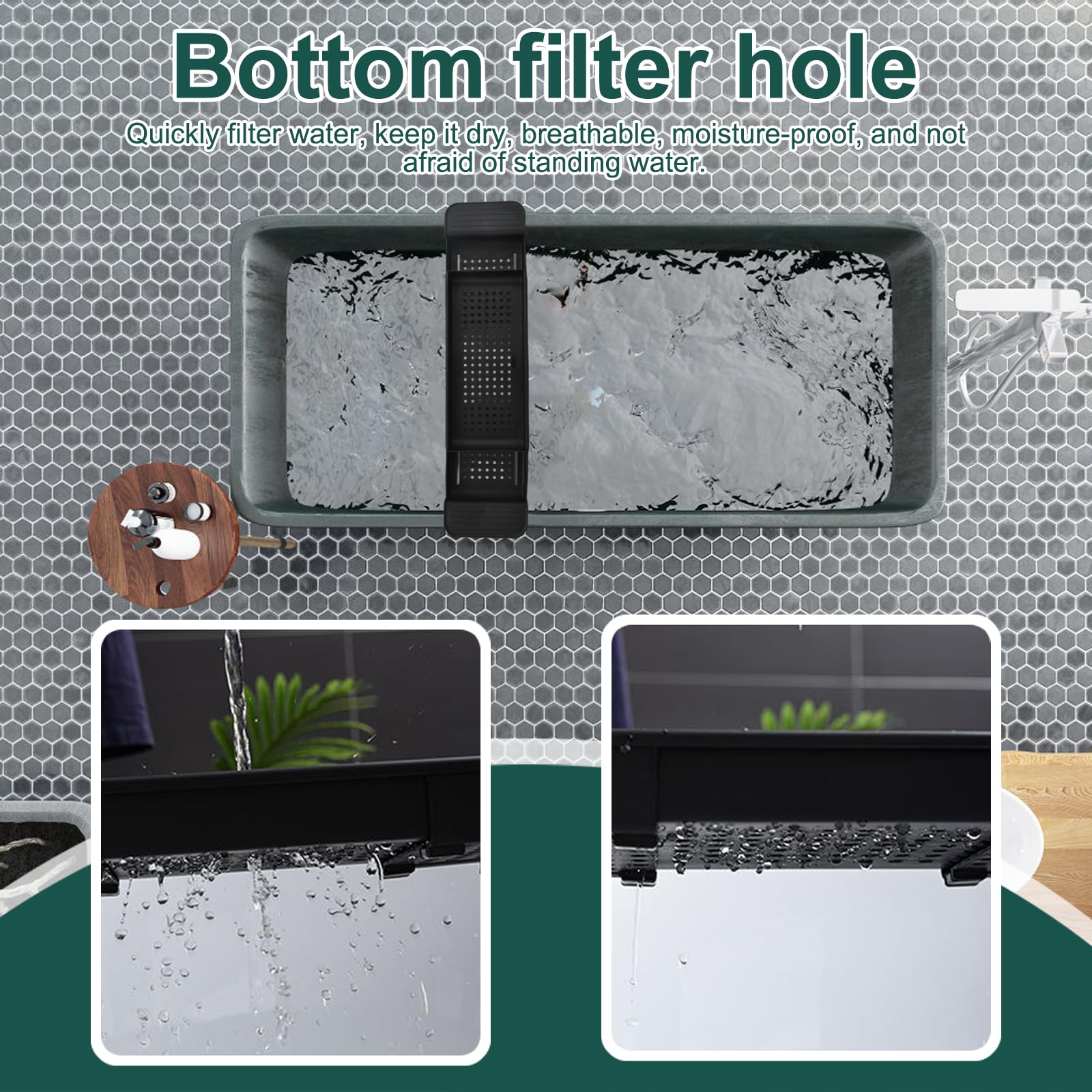 Vassoio per vasca da bagno con design di scarico, in plastica espandibile, per bicchieri da vino, tablet, aromaterapia, pettini, candele, prodotti da bagno (Nero)