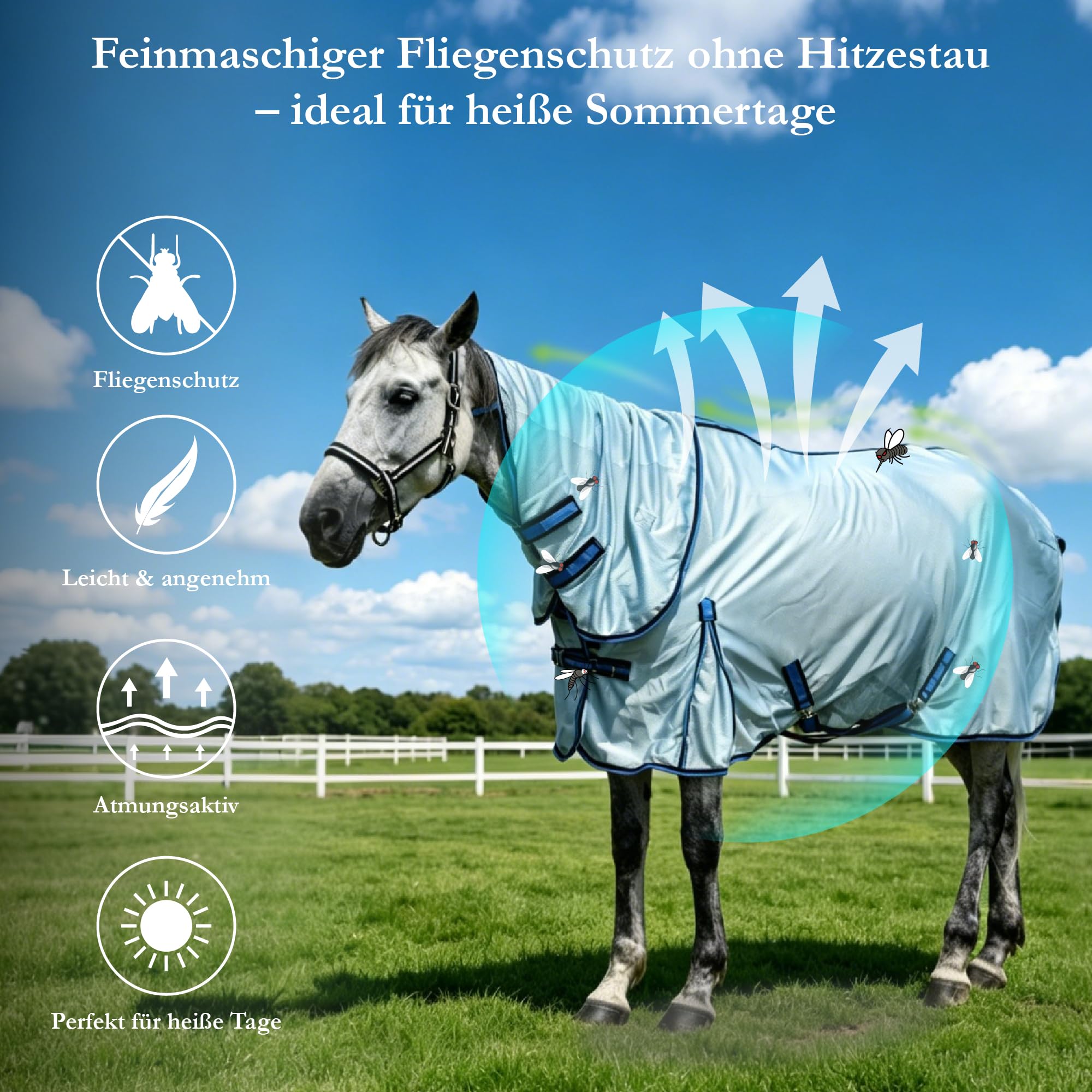Manta antimoscas para caballo, transpirable, con cuello extraíble, color azul, 120 cm | Manta de verano ligera con correa cruzada ajustable, tejido de malla grande y gran comodidad para caballos sensibles