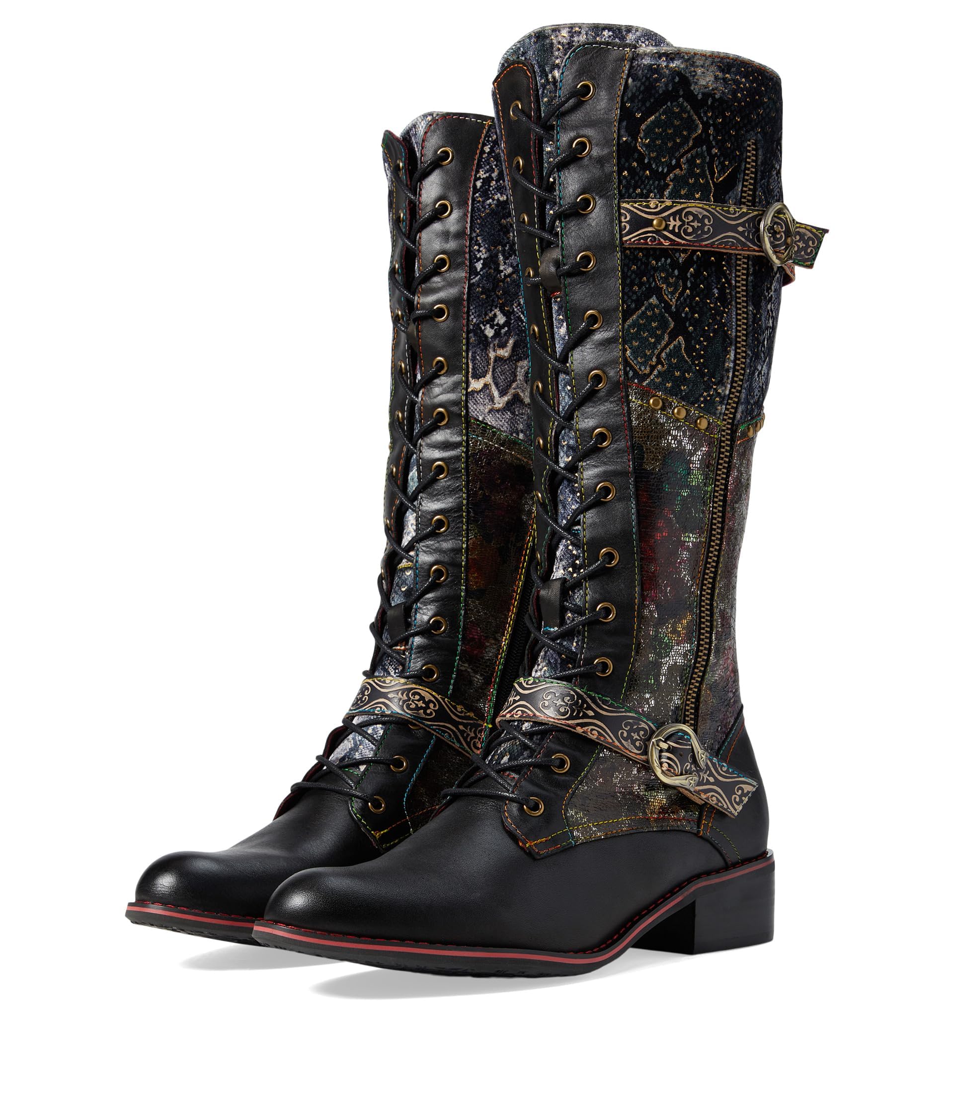 L'Artiste Vaneyck Knee High Boots for Women with Iridescent Metallic Upper | Ladies Tall Boots with Decorative Double Buckles and Lace Up Zipper