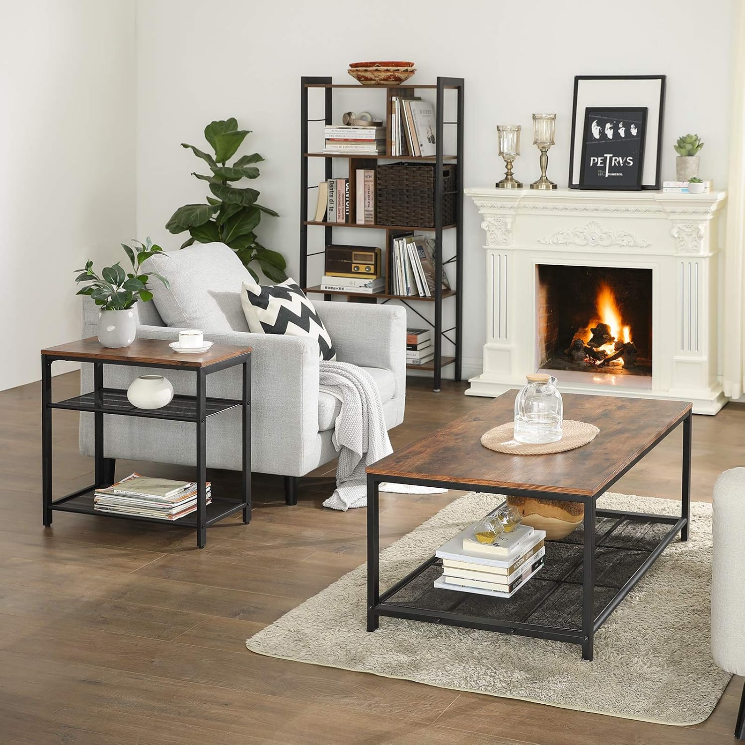 VASAGLE INDESTIC Side Table, 3-Tier Slim End Table with Engineered Wood and Mesh Shelves, Living Room, Industrial Design, Rustic Brown ULET34BX