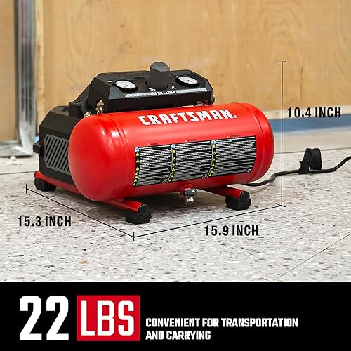 Miniatura 3 de Craftsman Air Compressor 1.5 Gallon Portable, 3/4 HP, 1.5 CFM@90PSI, Max 125 PSI, Oil Free, Lightweight Air Compressor for DIY Workshop, Small