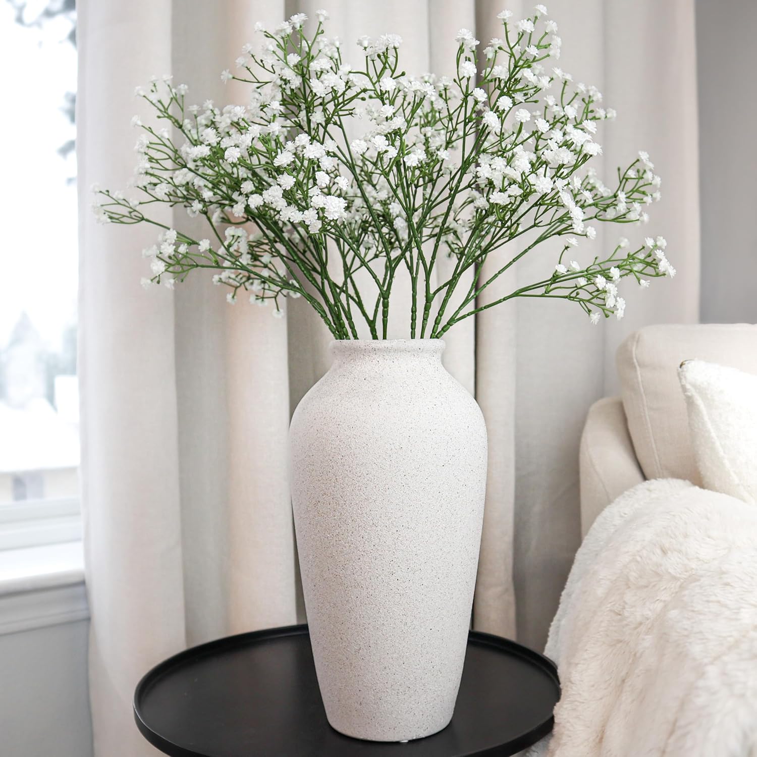 Laurel&Vine 12″ Tall White Ceramic Vase, Speckled Textured Minimalist, with 15 Stems of 22″ Faux Artificial White Babys Breath, Farmhouse Console Centerpiece Decor, Real Touch Fake Flowers in Vase