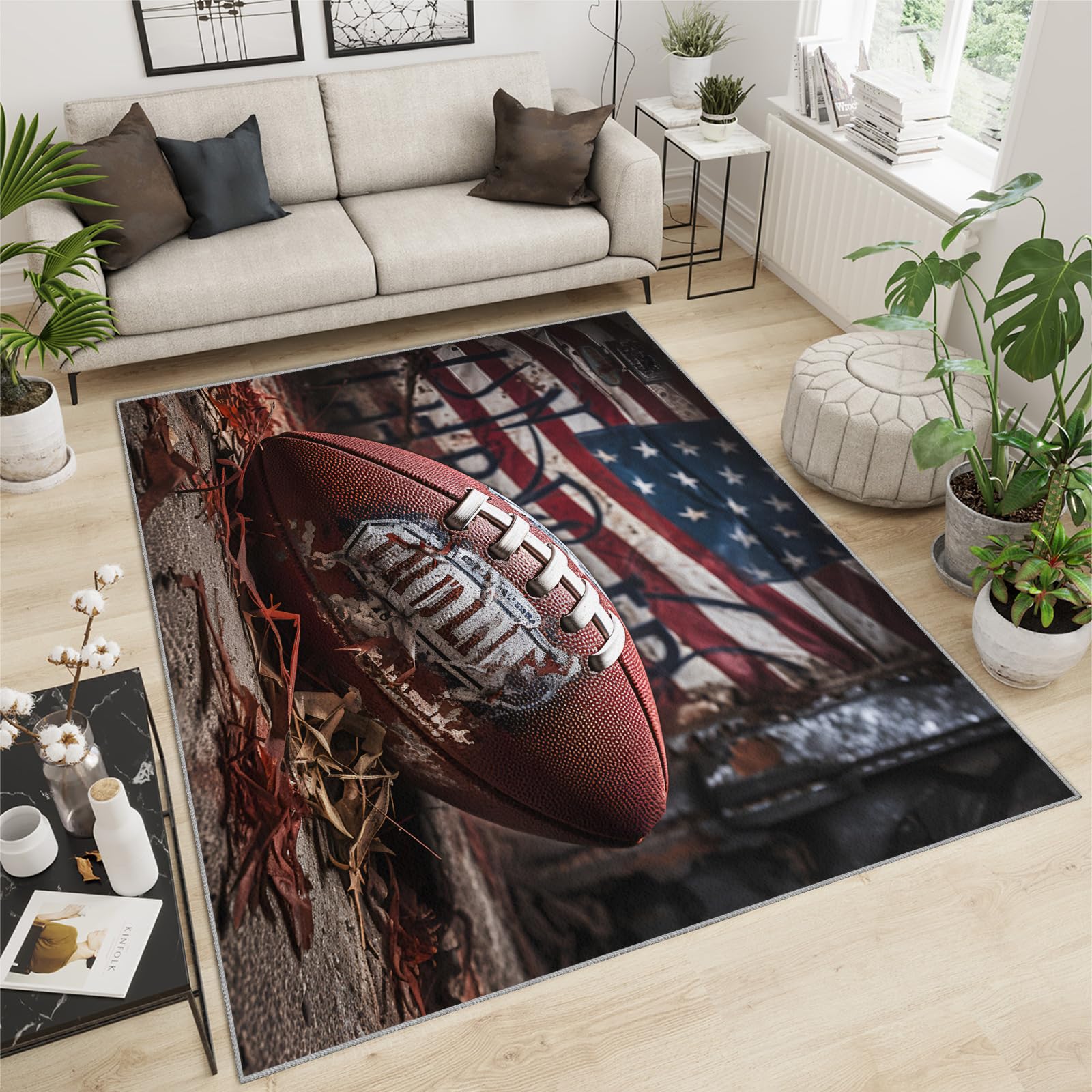 Tapis d'intérieur antidérapant pour salon, chambre à coucher, chambre d'enfant, dortoir, motif football américain, drapeau américain, 140 x 200 cm