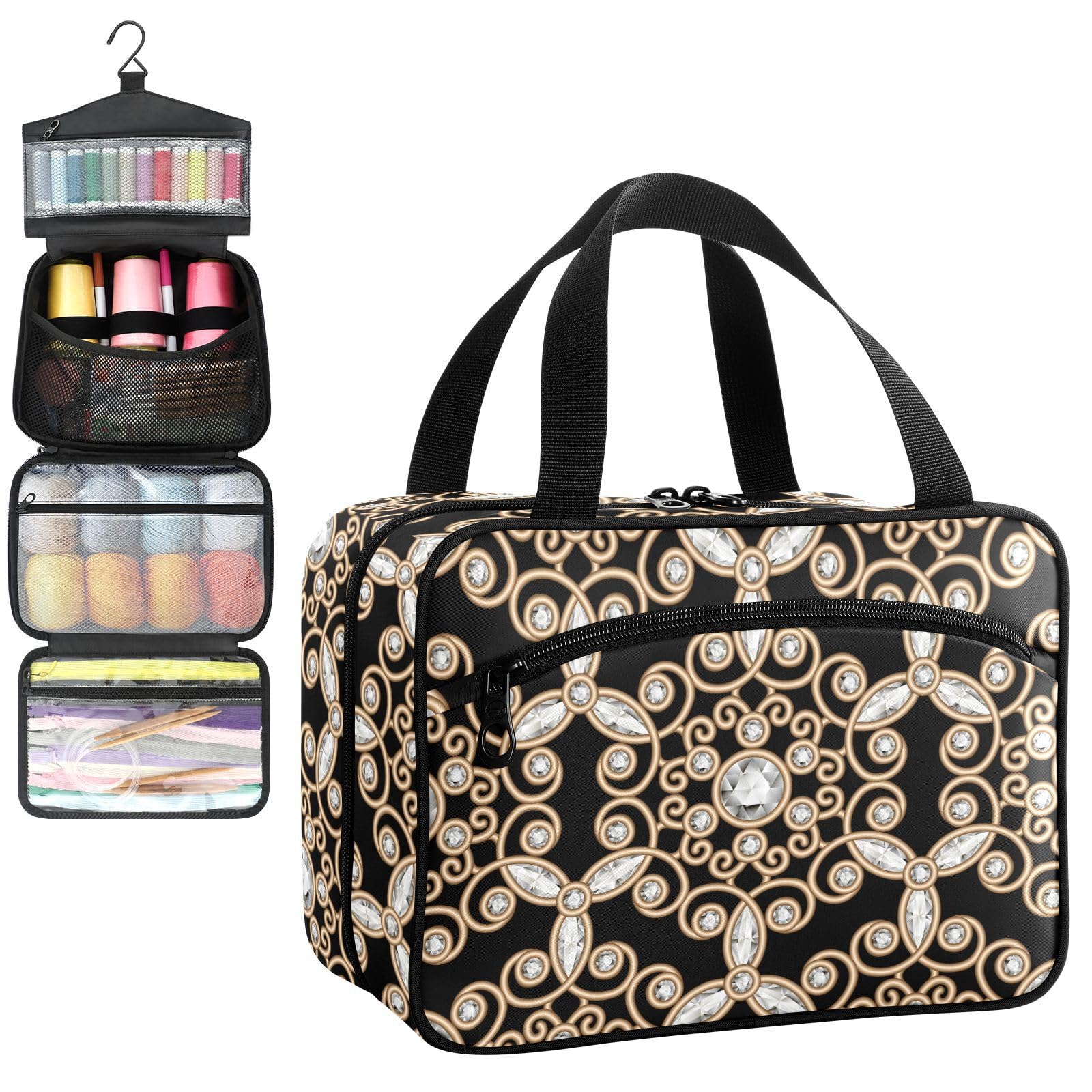 YNNALE Sewing Supply Organizer Bag, Black Gold Gem Jewel Geometric 3d Portable Sewing Bags with Pockets&Hanger, Sewing Storage Box Case for Sew Supplies/Kit/Tools/Accessories (BAG ONLY)