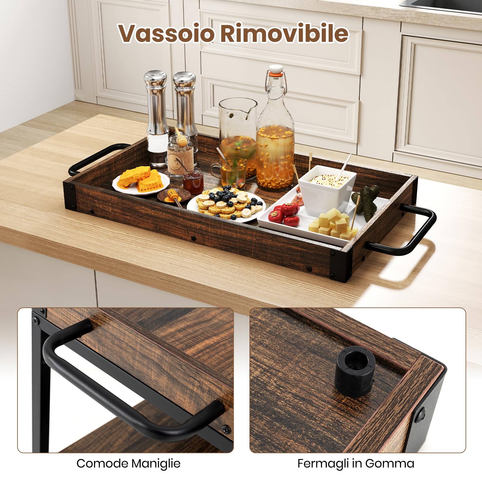 RELAX4LIFE Carrello Bar a 3 Livelli con Vassoio Rimovibile, Portabottiglie e Porta Bicchieri, Carrello su Ruote con Manico per Sala da Pranzo e Soggiorno