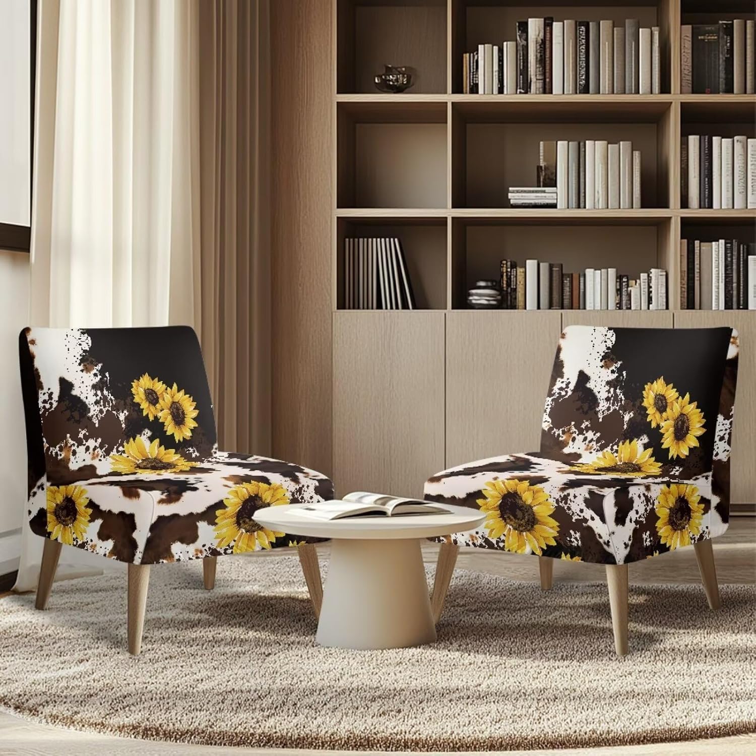 Merkmak Milk Cow Print Armless Accent Chair Cover Slipcover Sunflower Armless Slipper Chair Covers Non Slip Single Sofa Protector Without Arms Couch Slipcover for Farmhouse Decoration