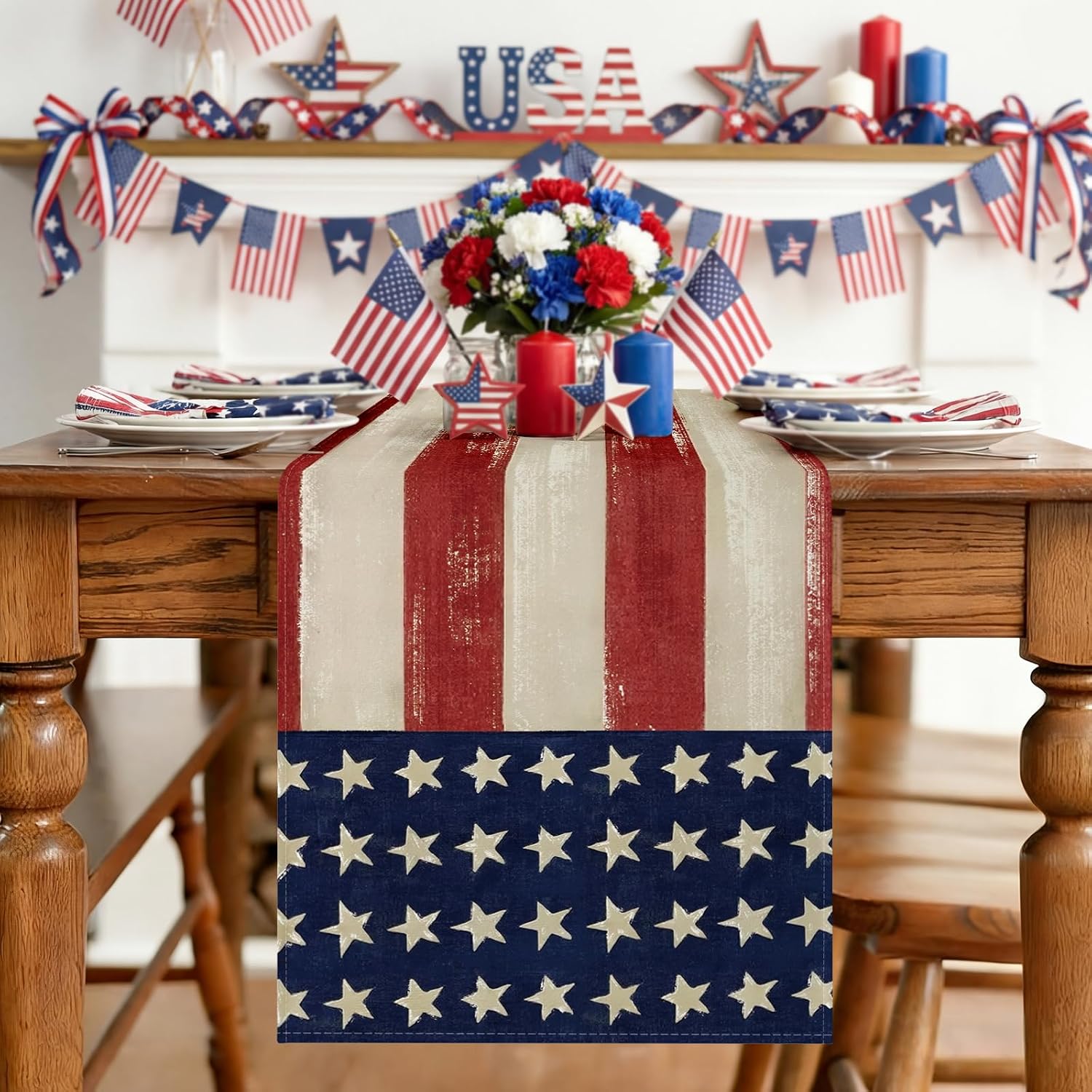 Artscope American Flag Stars 4th of July Table Runner, Patriotic Stripes Memorial Day Kitchen Dining Table Decoration for Independence Day Home Decor 13x72 Inch