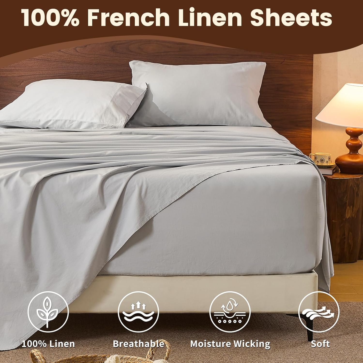 100% Linen Sheet Set King Size Extra Deep Pocket Fits 18-24 Inch Mattress, Breathable & Soft, Smooth 4-Piece Set for Thick Mattresses Hotel Luxury Bedding(King, Grey) - Image 4