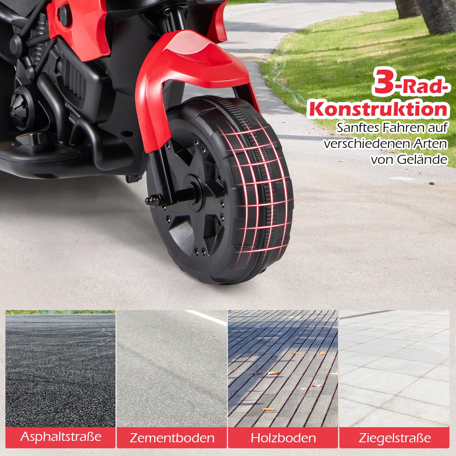 COSTWAY Elektryczny motocykl dziecięcy, 6 V, elektryczny z reflektorem LED i pedałem, 2-3 km/h, trójkołowy motocykl elektryczny dla chłopców i dziewczynek od 3 lat (czerwony)