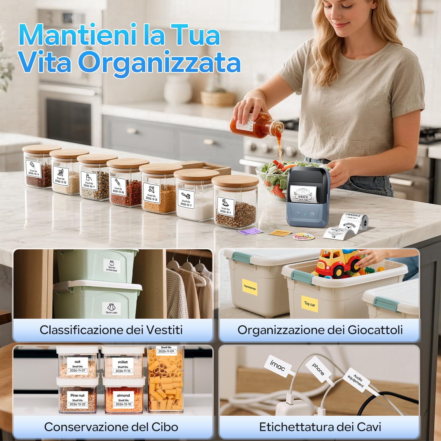 Memoking Etichettatrice Bluetooth: Stampante Etichette Adesive Con 2000 Simboli E 300 Modelli. Compatta Stampante Termica Etichette Per Negozio, Scuola, Casa Cucina; Compatibile Con iOS Android e PC