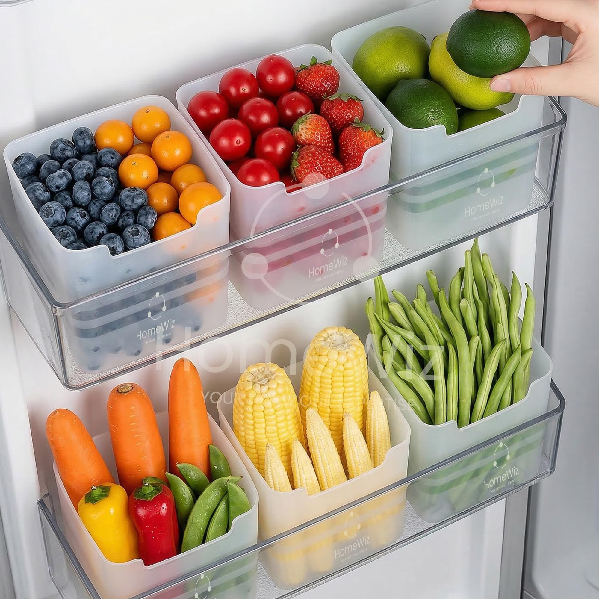 HomeWiz 6-Piece Fridge Storage Box Set | Multipurpose Transparent Plastic Containers for Fruits & Vegetables | Space-Saving Refrigerator Side Door Organizer & Pantry, Kitchen Accessories Items