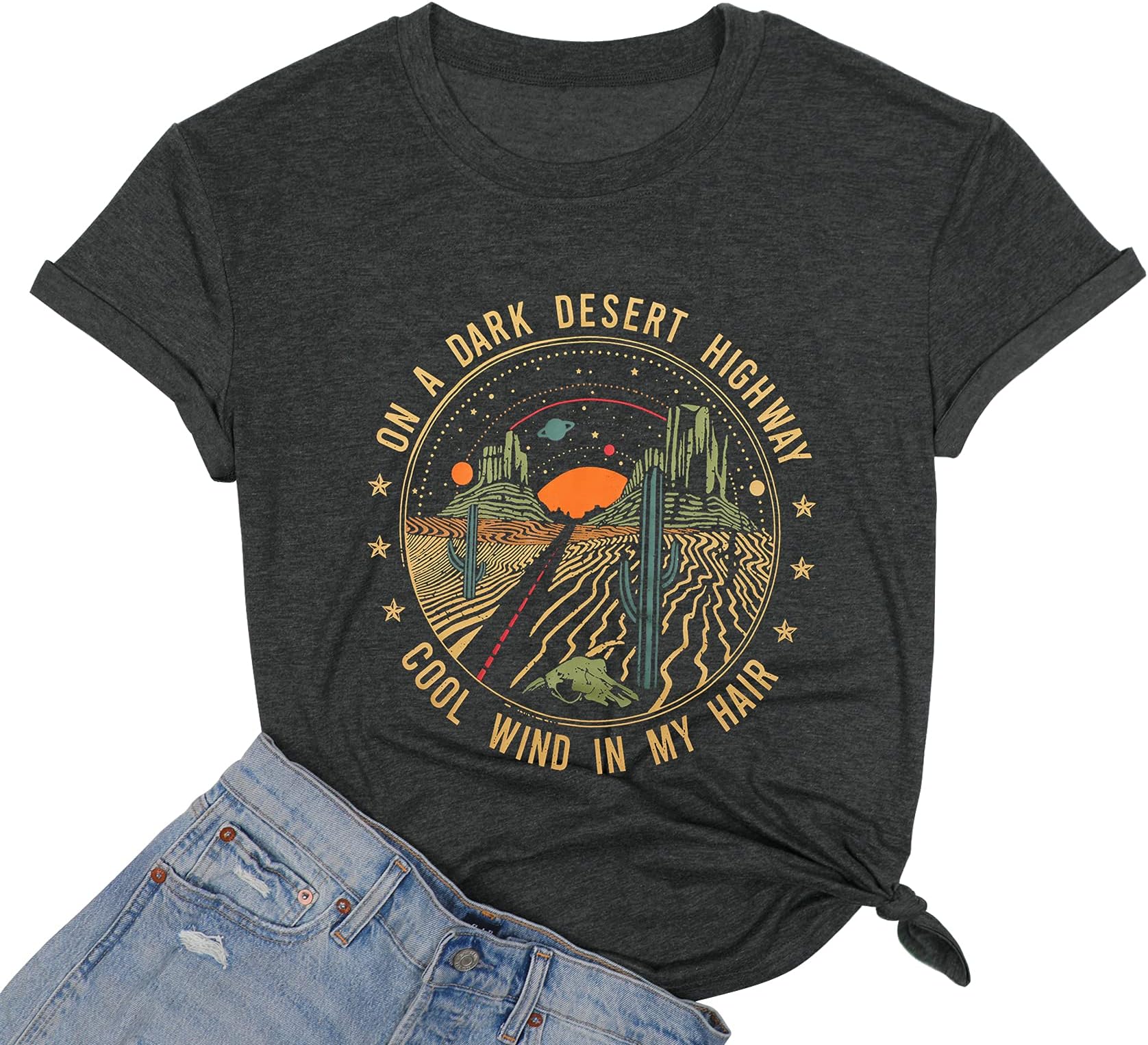 Adventure Shirts Women Retro Desert Highway T-Shirt Funny Western Graphic Tee Casual Short Sleeve Tee Tops