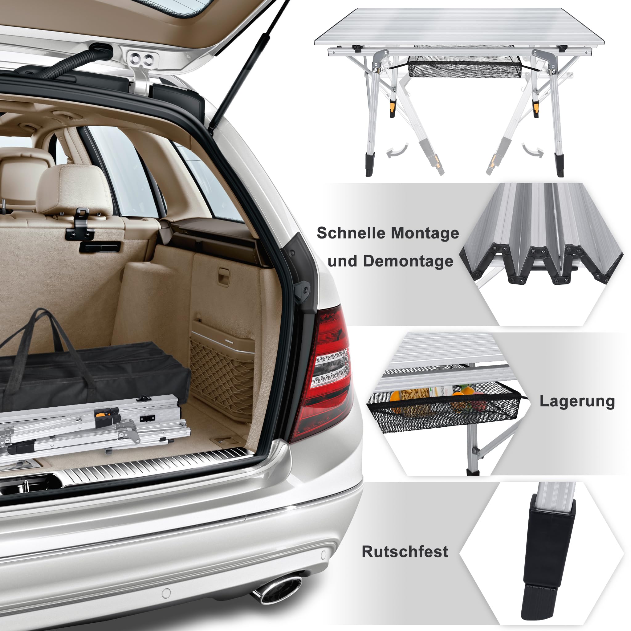 XMTECH Table de camping pliable en aluminium - Table de camping - Table de pique-nique - Table de voyage - Réglable en hauteur - Avec sac de rangement et sac de transport - 90 x 51,5 x 68 cm - Argenté