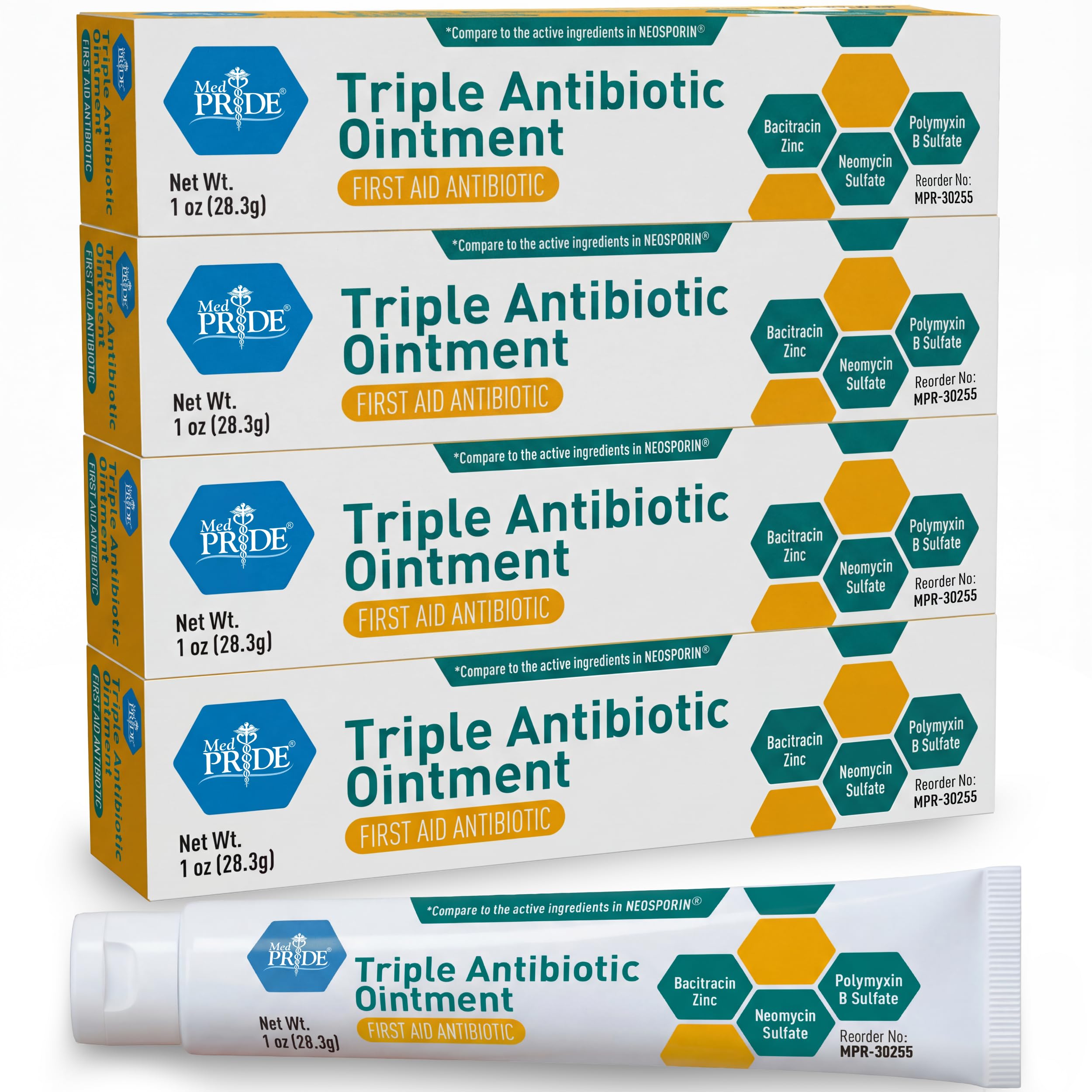 MED Pride Triple Antibiotic Pride Ointment Tube 1 Oz 4-Pack, First Aid for Minor Wounds, Scratches, Abrasions, with Zinc, Neomycin, Polymyxin