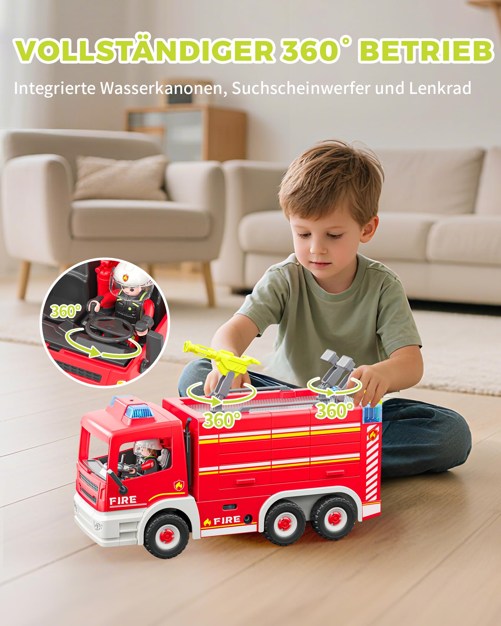 Coroiesty Feuerwehrauto Spielzeug ab 4 Jahre, Große Feuerwehrwagen mit 2 Feuerwehrleuten & Werkzeug, Licht & Sirene, pädagogisches Rettungsfahrzeug für Kinder Jungen Mädchen