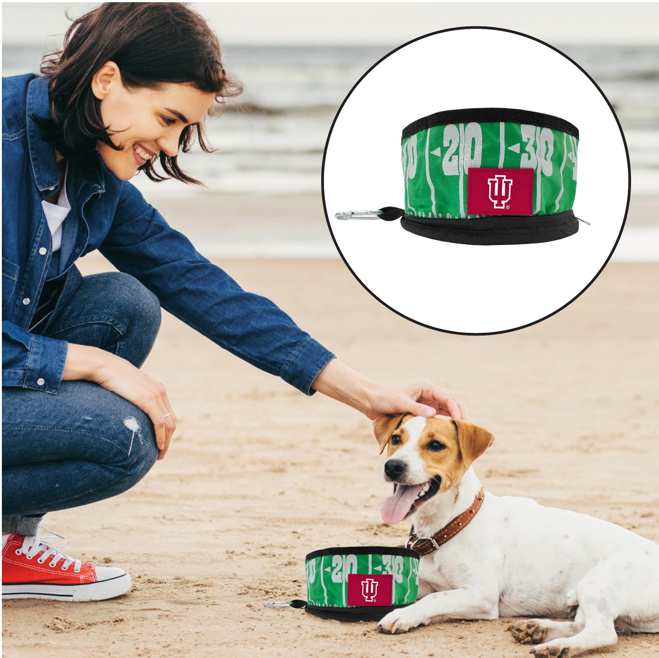 Pets First NCAA Indiana Hoosiers - Ciotola da viaggio pieghevole per cani e gatti, ciotola per cibo e acqua, leggera, a prova di perdite, per viaggi, con campo da calcio e design a grana di ciottoli