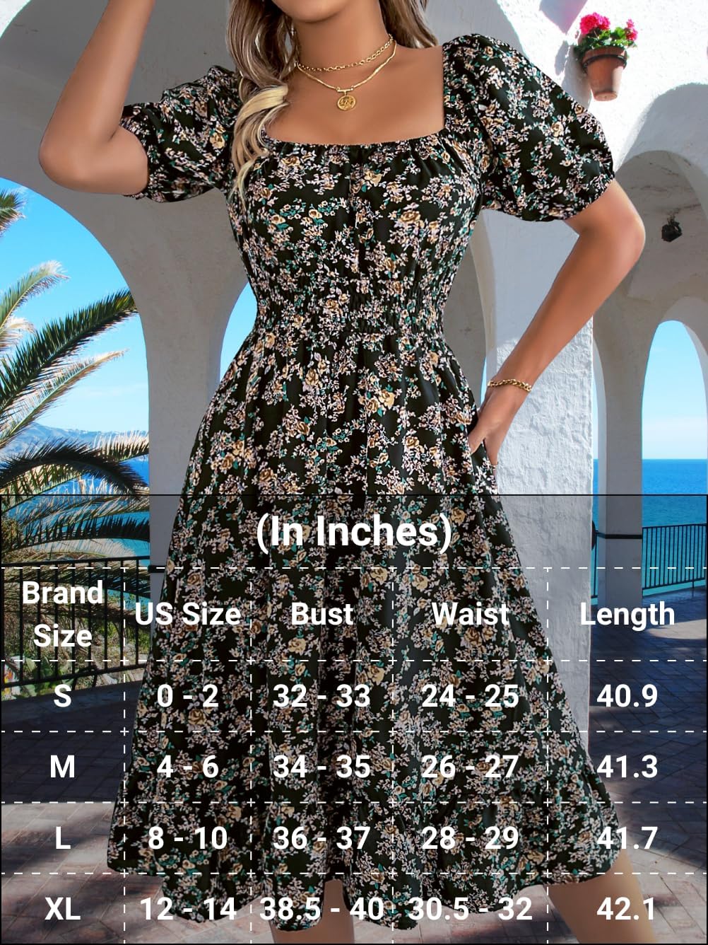 Floral Dress for Women, Puff Sleeve A Line, Spring Tea Party, Knee Length Casual Flowy Milkmaid Boho Flower - Image 3