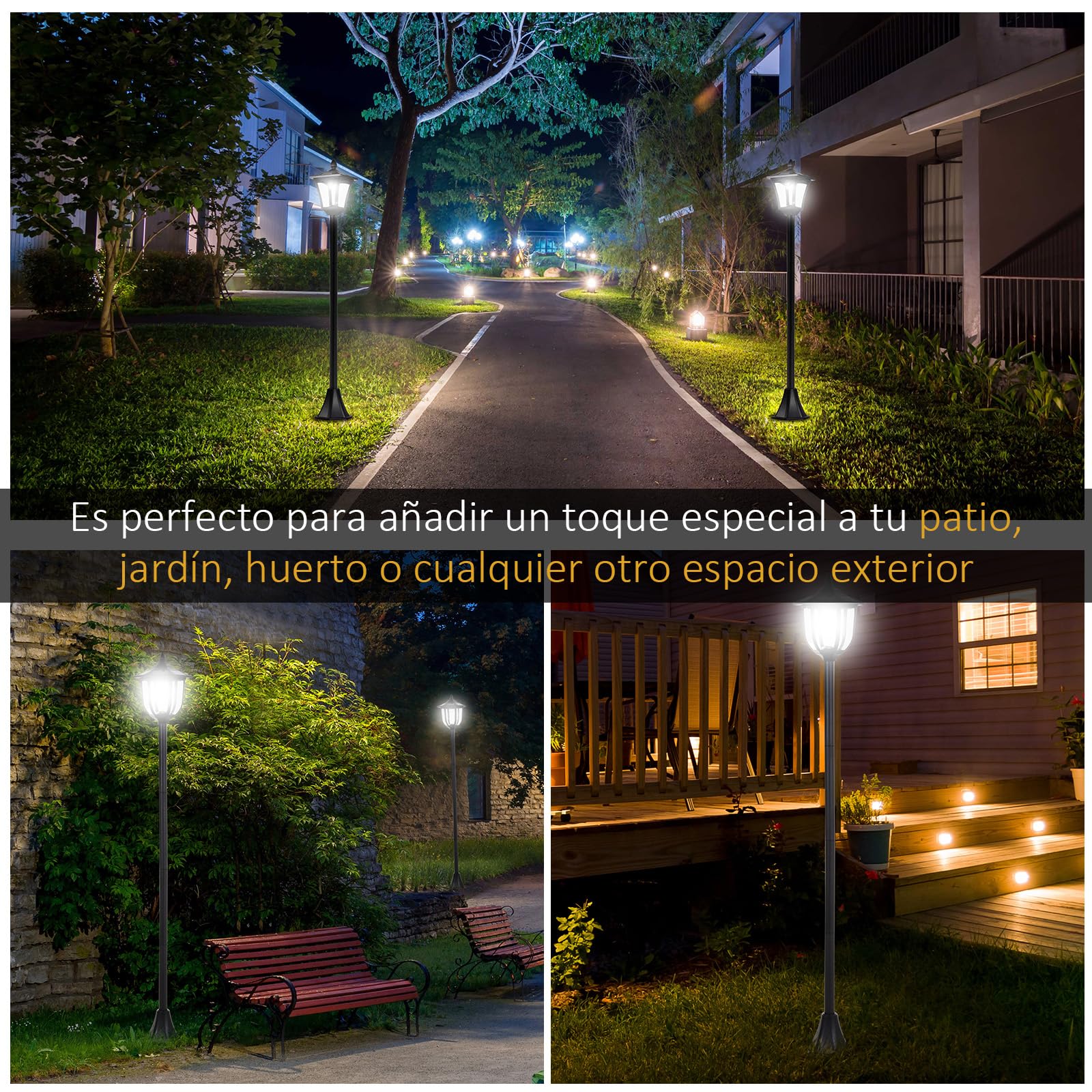 Outsunny Farola Solar Luz Solar de Exterior con Panel Solar Encendido Automático e Impermeable IP44 Marco de Acero Inoxidable para Patio Terraza 18x18x160 cm Negro