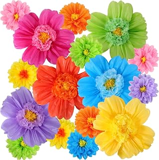 18 Pcs Mexican Paper Flower Decorations 12 Inch 6 Inch Fiesta Tissue Paper Flowers Colorful Pom Poms for Carnival Wedding Birthday Nursery Wall Decor, 6 Colors(Classic Color)
