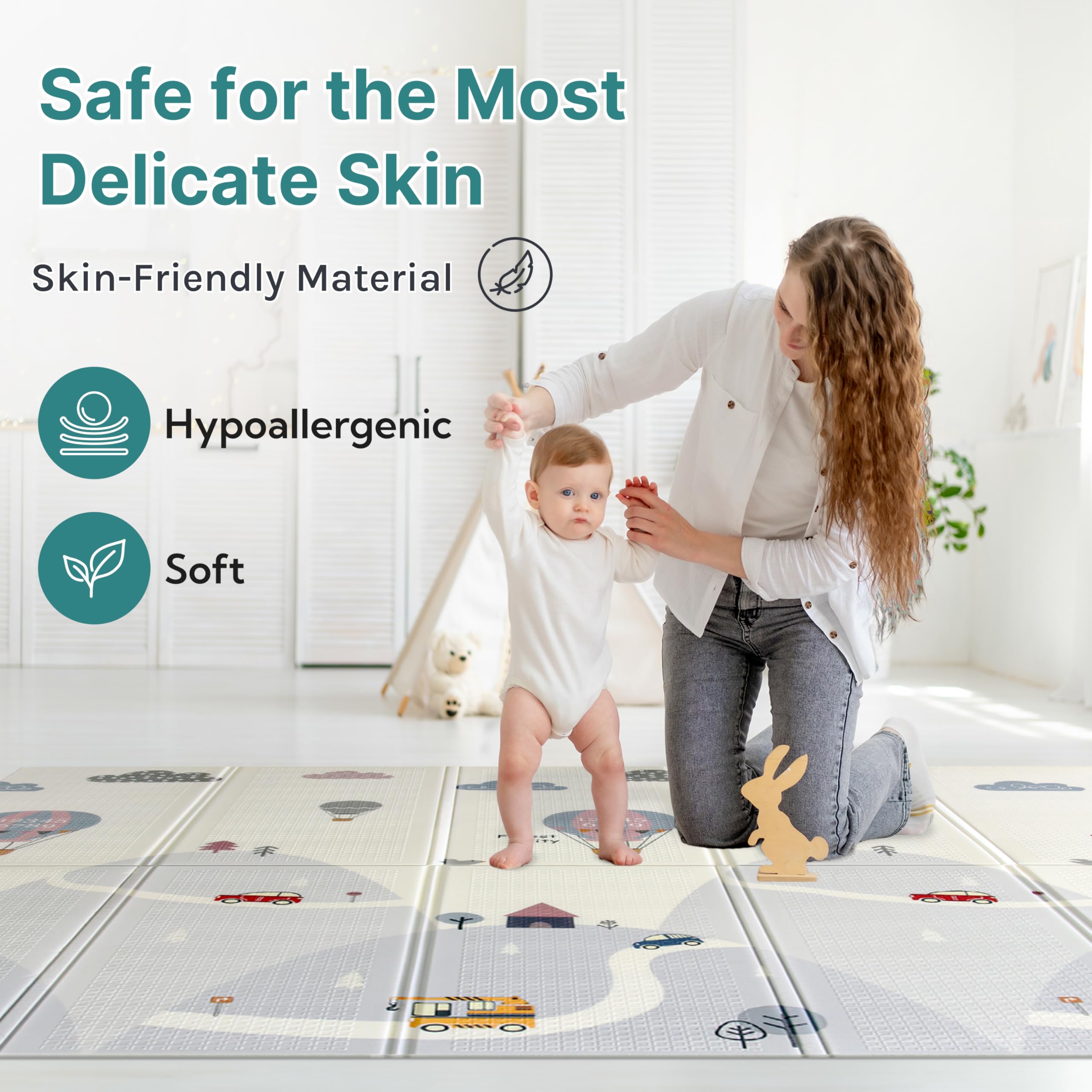 Wiltology playmat, Foldable Baby Play Mat, Extra Large, Non-Toxic, Waterproof Activity Playmats for Babies, Education for Infant, Non-Slip Double Sided (79” x 71”and 0,4in Grey)