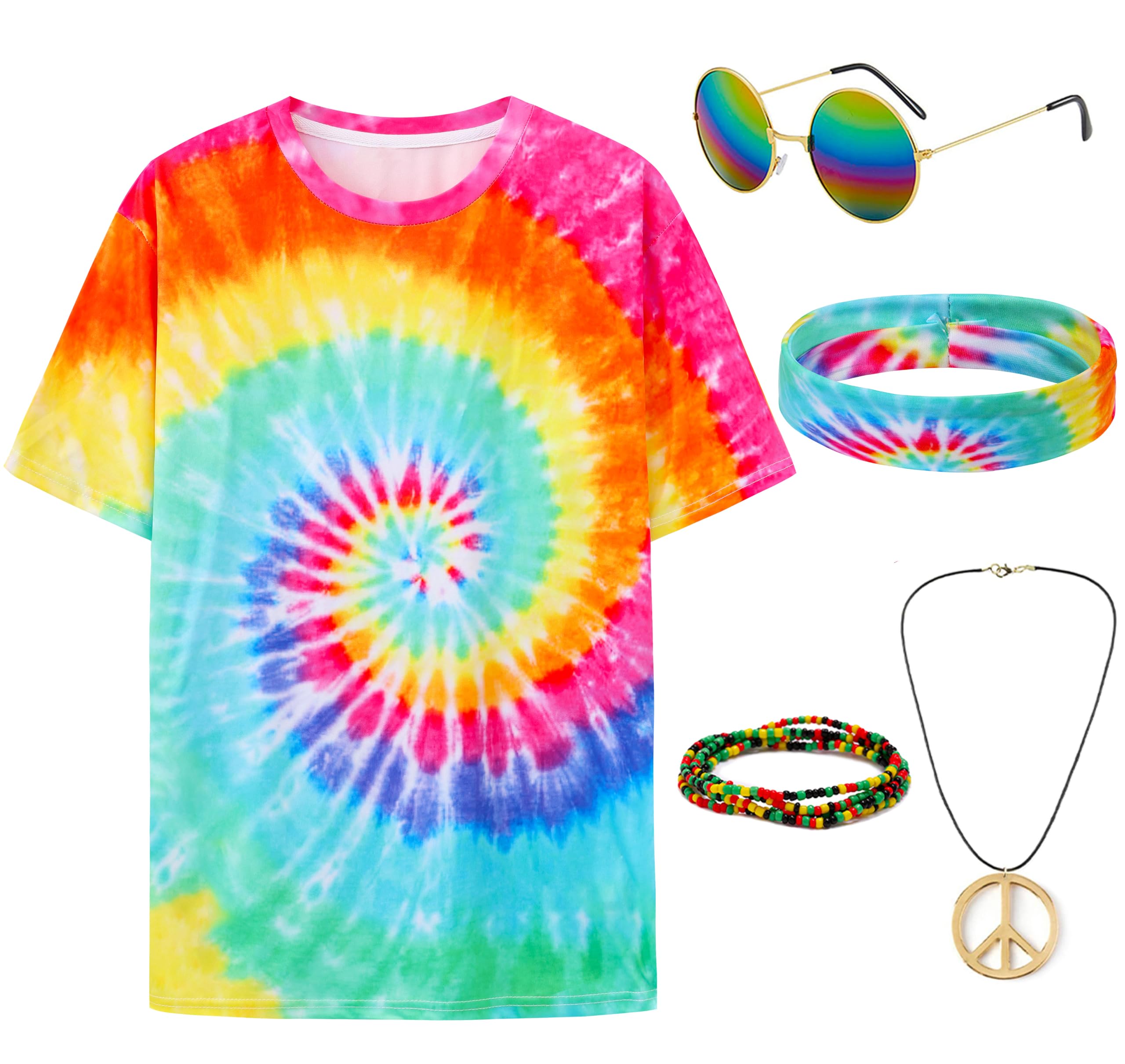 Gionforsy Hippie Costume Outfit for Men Women 60s 70s Costume Accessories T-shirt Peace Necklace for Halloween Costume Party (Multicolor, 4XL)