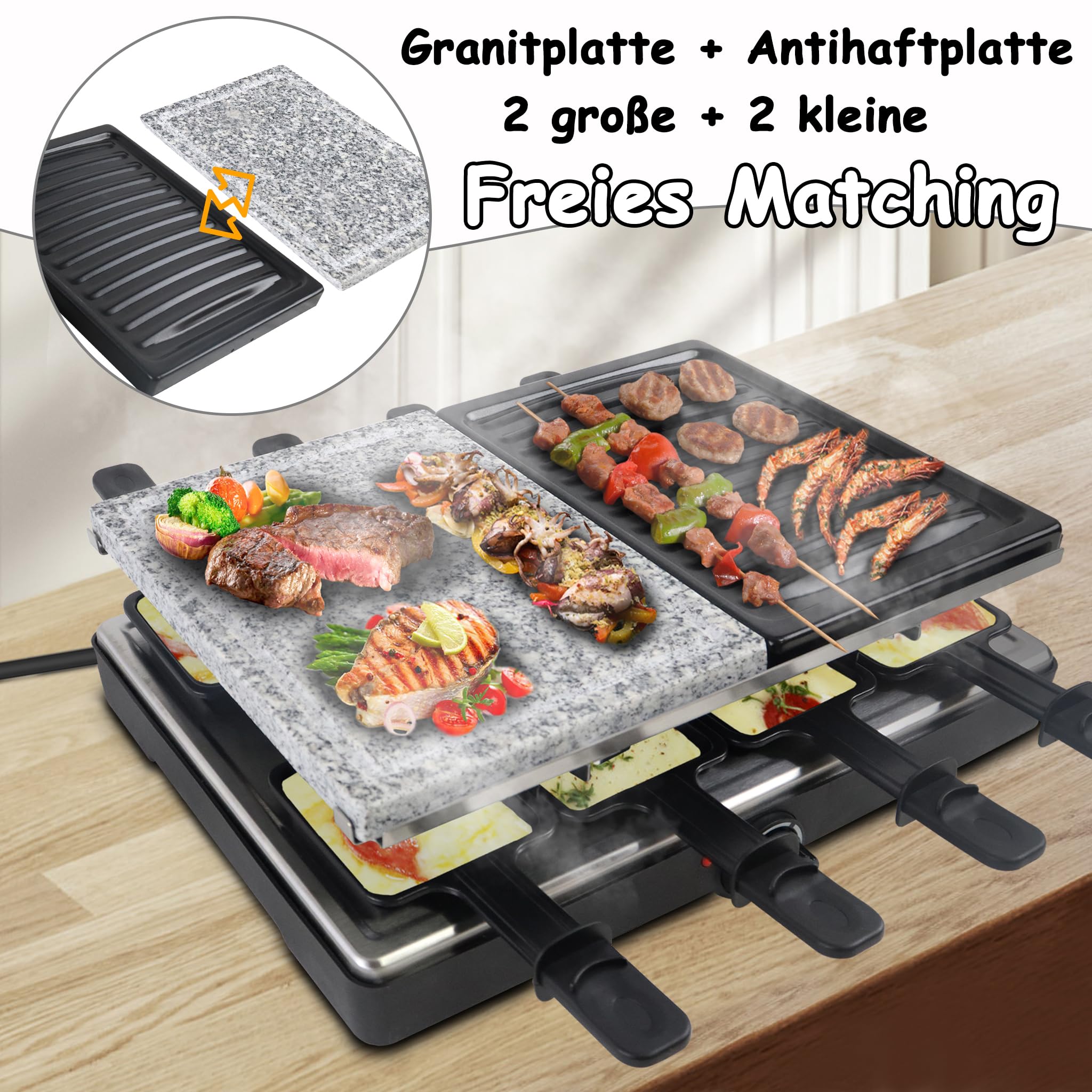 1400W Grill per Raclette per 8 Persone, Doppio Piano da Tavolo Antiaderente, con Piastra in Pietra, Piccole Tazze, Spatola in Legno e Cavo in Acciaio Inox, Elettrico per Feste e Campeggio