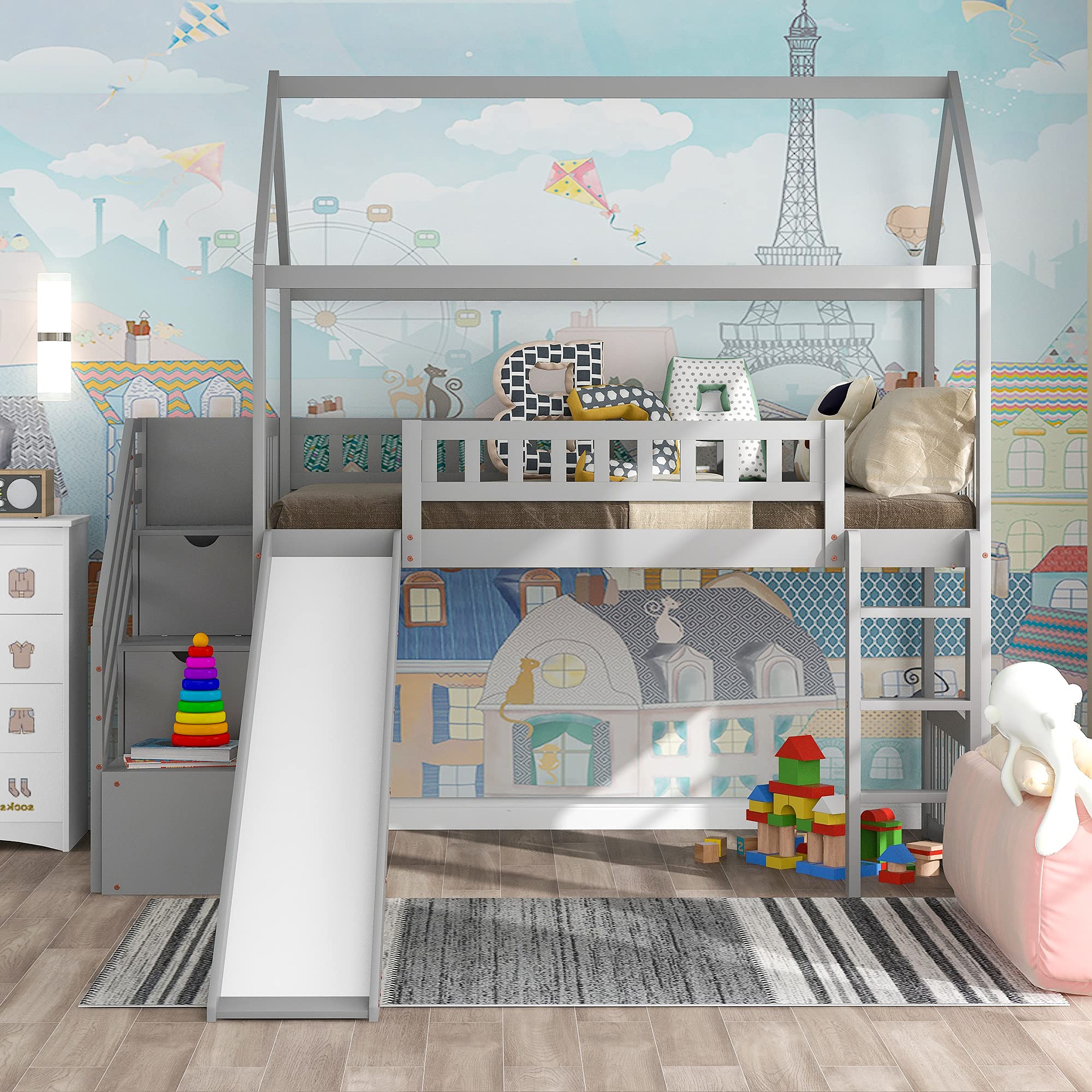 House Loft Bed with Slide, Twin Loft Bed with Slide and Drawers , Loft