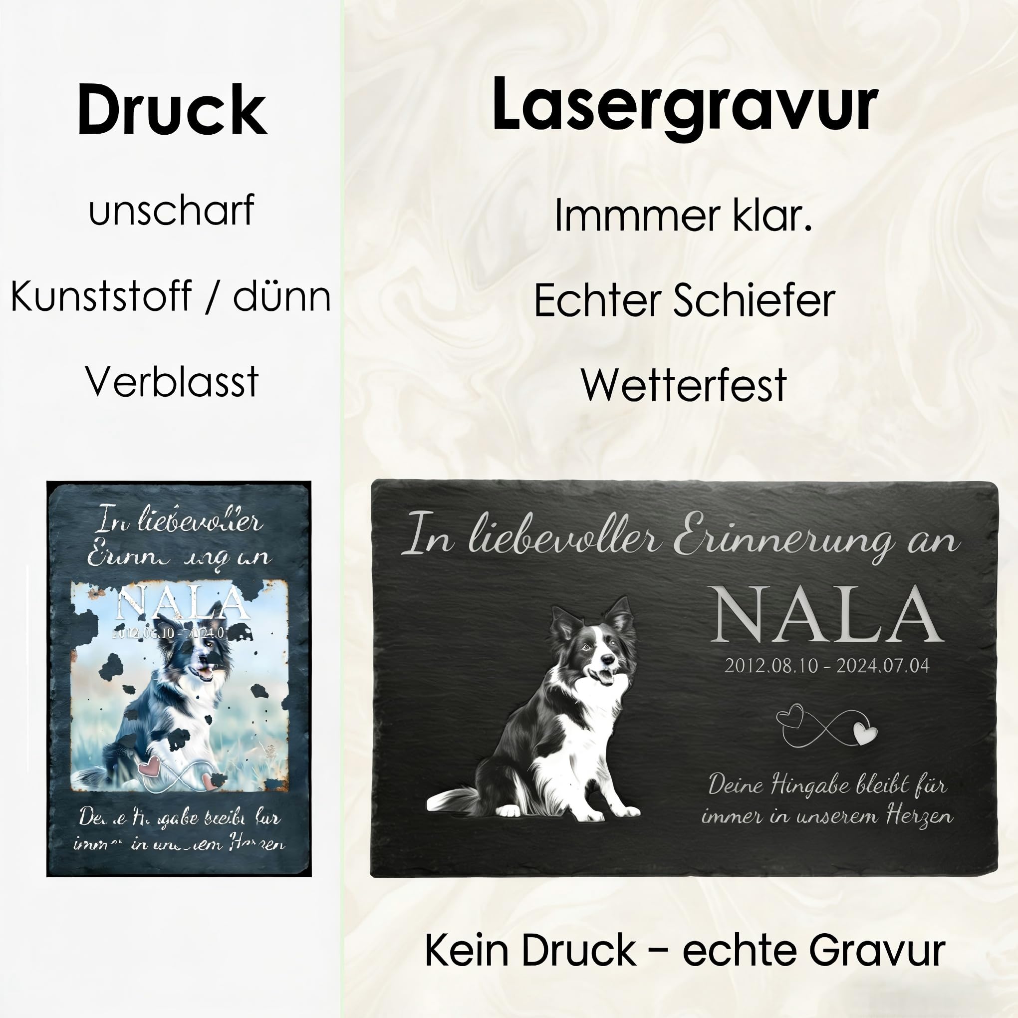 Hundegrabstein aus Schiefer – Personalisierter Grabstein für Hunde mit Foto & Gravur – Wetterfeste Gedenktafel für draußen mit Namen & Wunschtext – inkl. Pfoten-Schlüsselanhänger