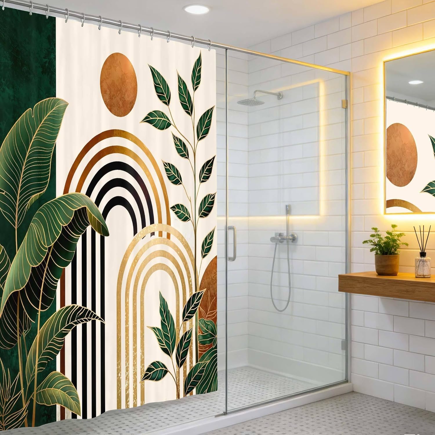 Sage Green Shower Curtain Mid Century Abstract Boho Aesthetic Spring Summer Sage Green Shower Curtain Nature Leaf Sun Modern Minimalist Shower Curtains Decor with Hooks 72X78 Inches