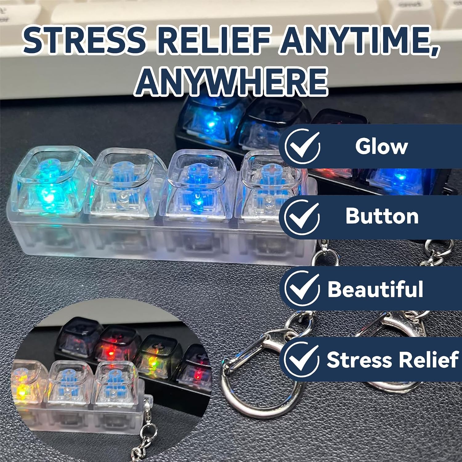3-Pack Keyboard Fidget Keychain with LED Lights – Stress Relief Clicker Toy Perfect for Office, Study & Gift Giving, Cute Keychain for Adults & Kids (Transparent)