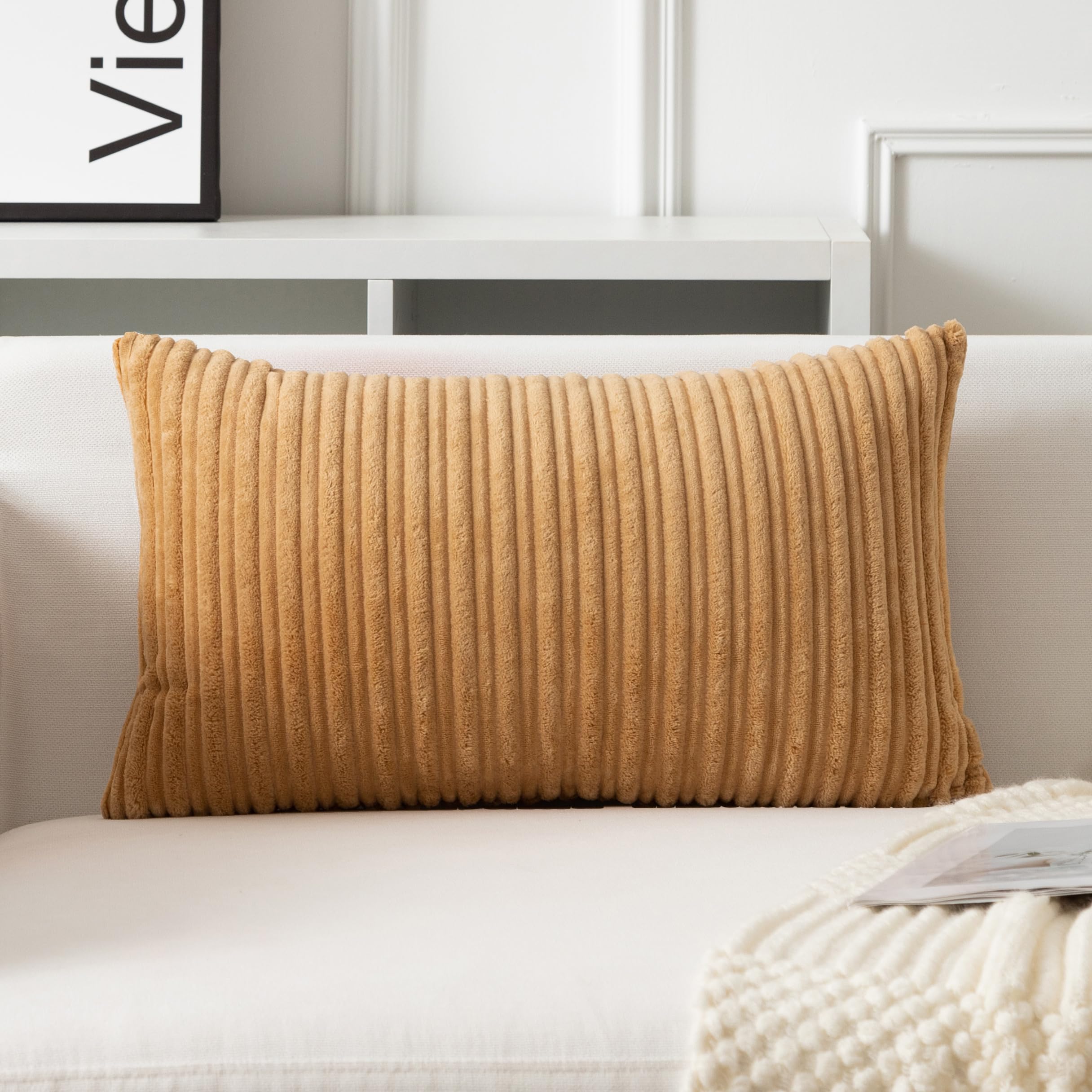 UGASA Velvet Lumbar Throw Pillow Cover, Both Sides Corduroy Striped Soft Solid Decorative Rectangular Cushion Case for Couch/Bedroom/Car, 1 Piece, 12x20 Inch, Khaki