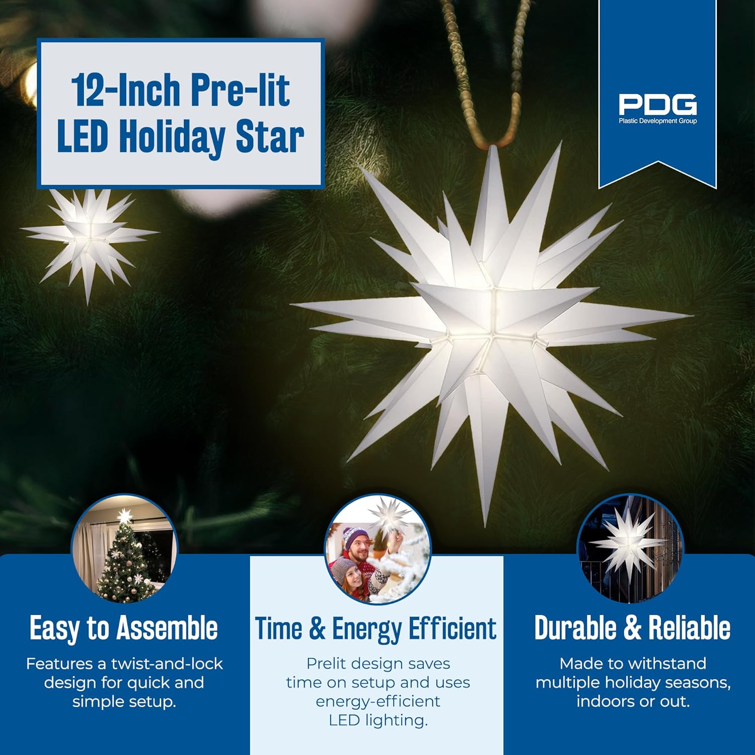 Keystone Holiday Indoor Outdoor 12 Inch Illuminated Prelit LED Christmas Holiday Advent Star Tree Topper Light Decoration, White