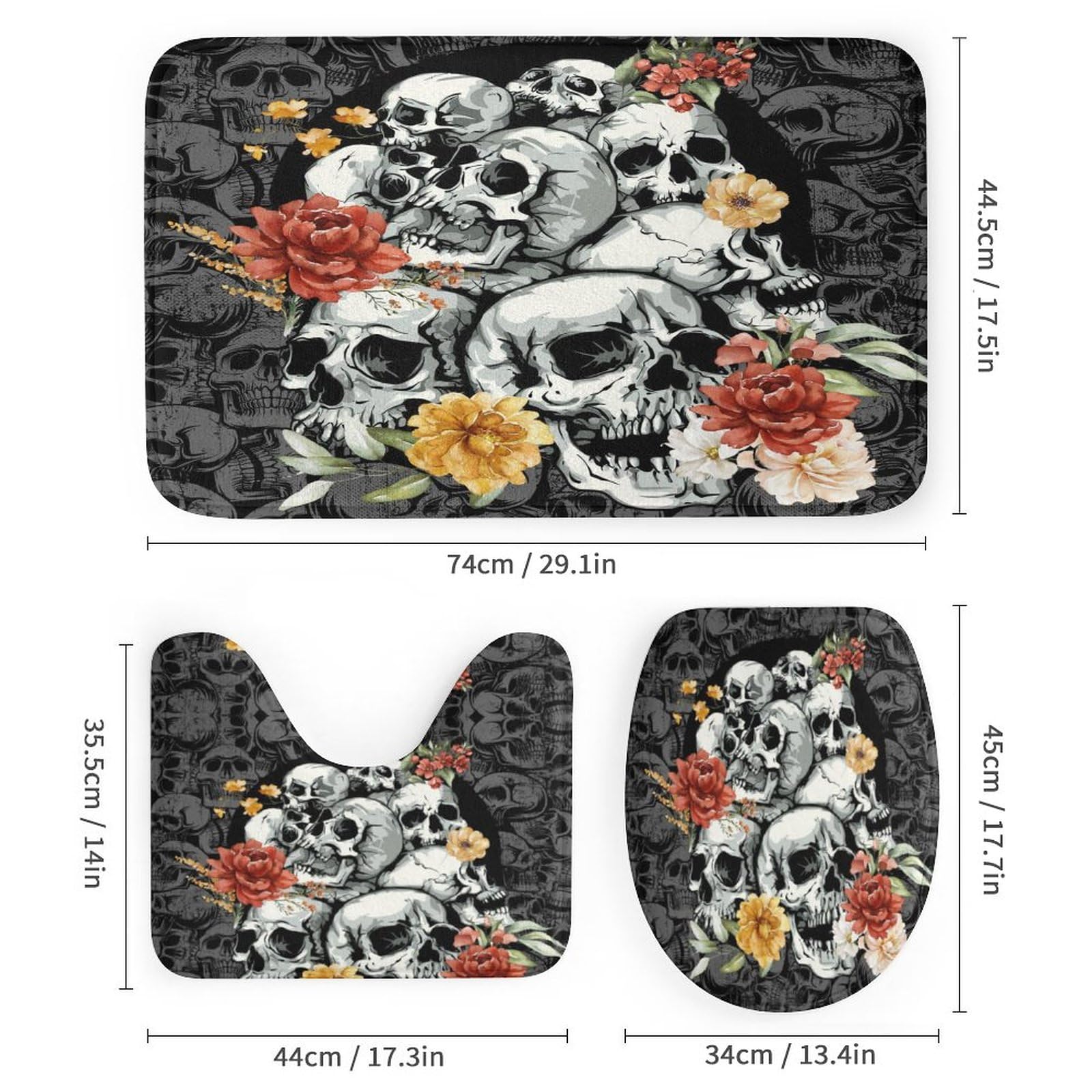 COALHO Juego de 4 cortinas de ducha impermeables con diseño de calavera de rosas rojas, fantasía, abstracto, gótico, esqueleto, con cubierta de inodoro impermeable, alfombra de ducha, 183 x 183 cm